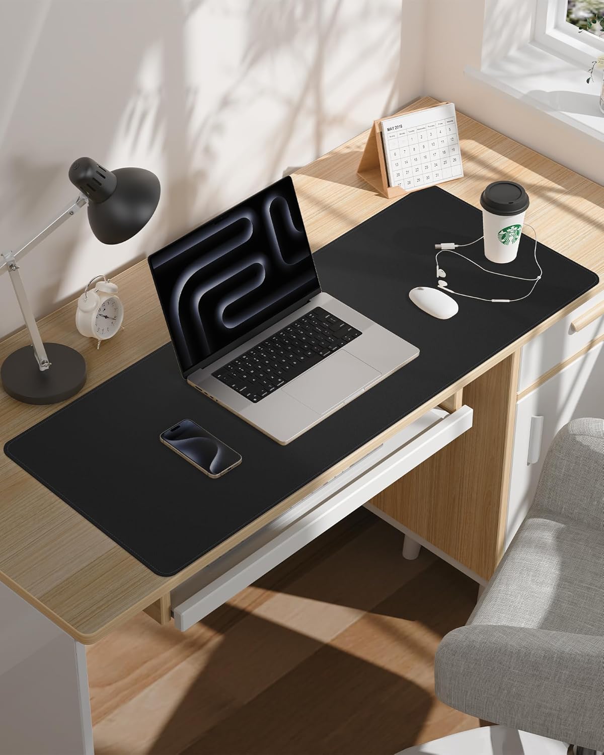 Extra Large Desk Pad Mat - Waterproof Mouse Pad & Desk Protector, Non-Slip XXL PU Leather Gaming Mat for Keyboard/Mouse, Stitched Edge with Ergonomic Support, 55"x24" (Black)