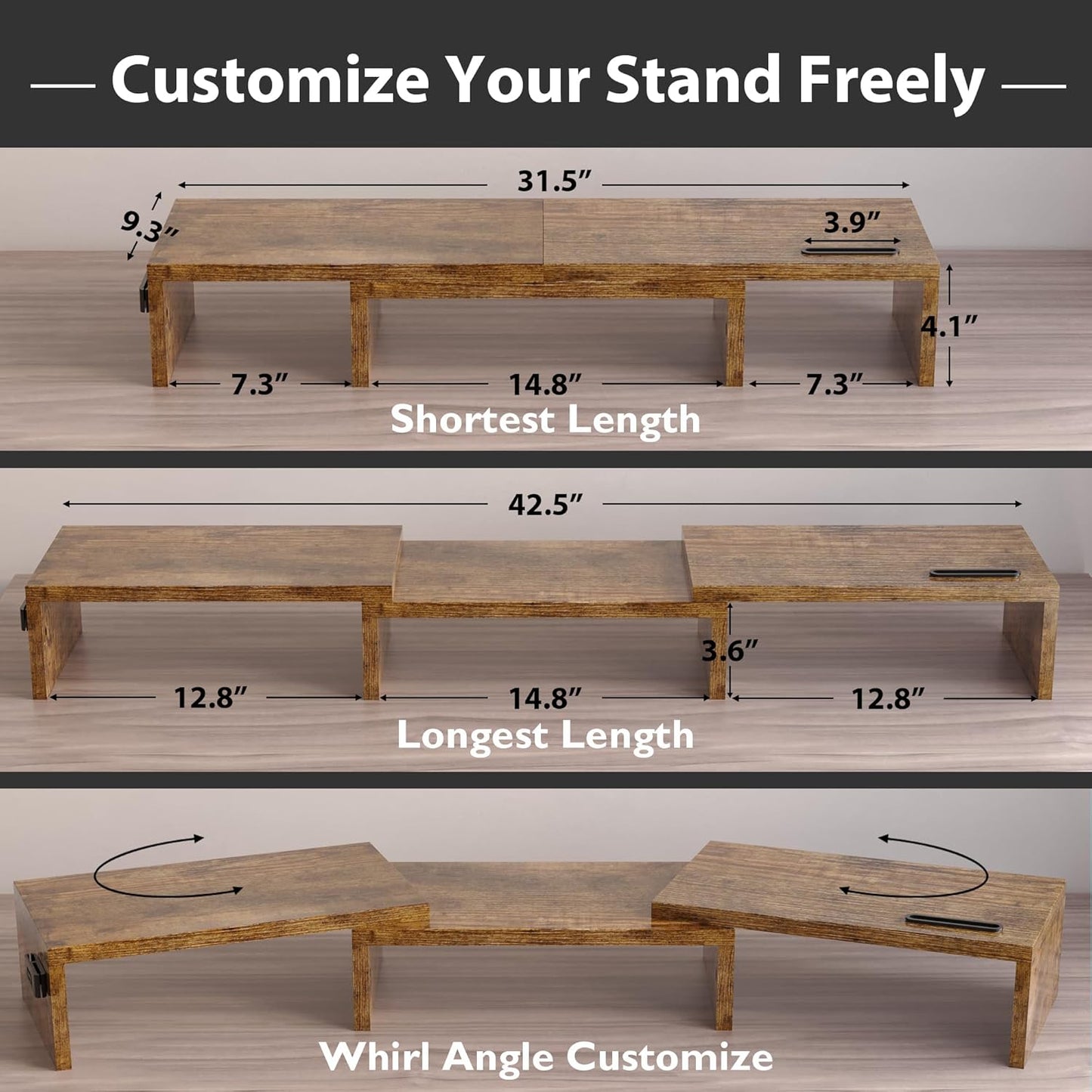 BONTEC Dual Monitor Stand Riser with Smartphone Holder, Adjustable Length & Swivel Angle, Ergonomic Wooden Desktop Organizer for PC Monitor, Laptop, Printer, Large Storage, Rustic Brown