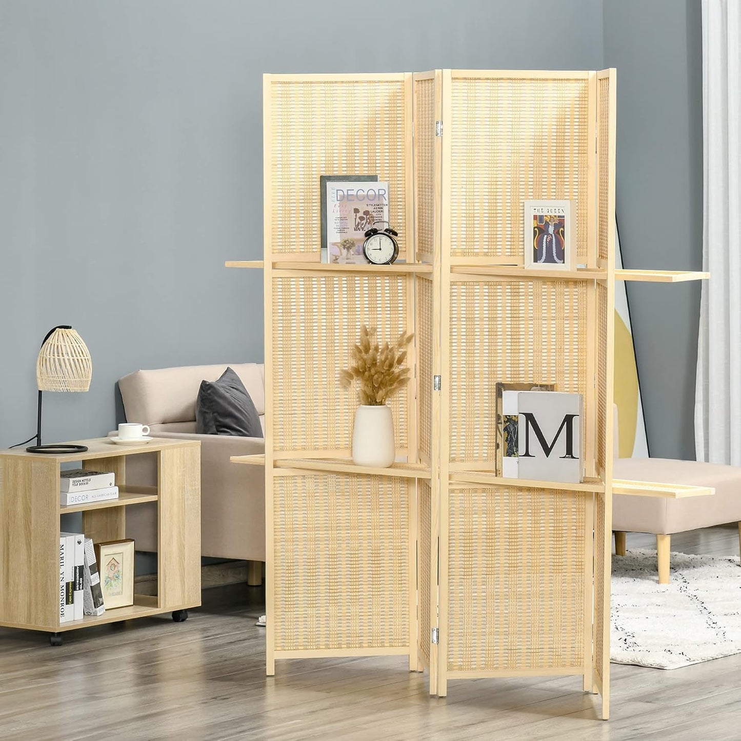 NicBex Room Divider 4 Panel Room Dividers with Storage Shelves Partition Room Dividers and Folding Privacy Screens 6 FT Wall Divider for Office, Room Separation,70.75" W x 0.75" D x 70.75" H, Natural