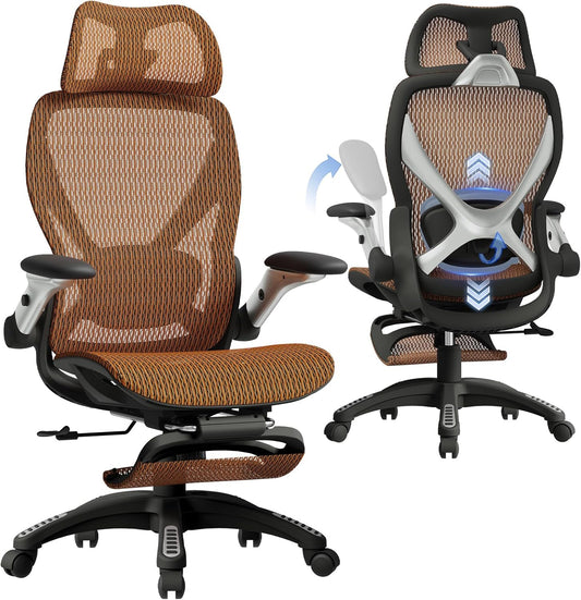 ELABEST X100 Ergonomic Office Chair with Footrest, Big and Tall Home Desk Chair with 5D Flip-Up Arms, Adjustable 10D Lumbar Support,High Back Rolling Computer Chair, Swivel Mesh Chairs