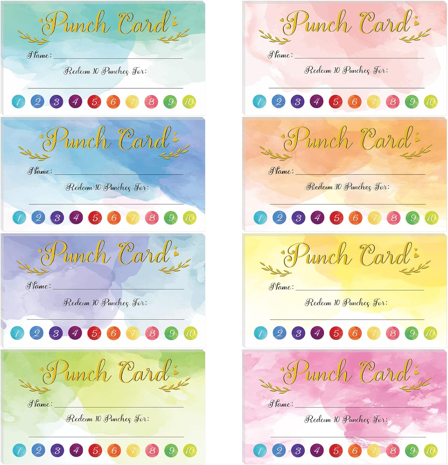 Fumete 400 Pcs Punch Cards for Classroom Reward Cards Behavior Incentive Loyalty Awards for Kids Students Teachers School Business, 8 Styles, 3.5 x 2 in(10 Watercolor Punches Style)