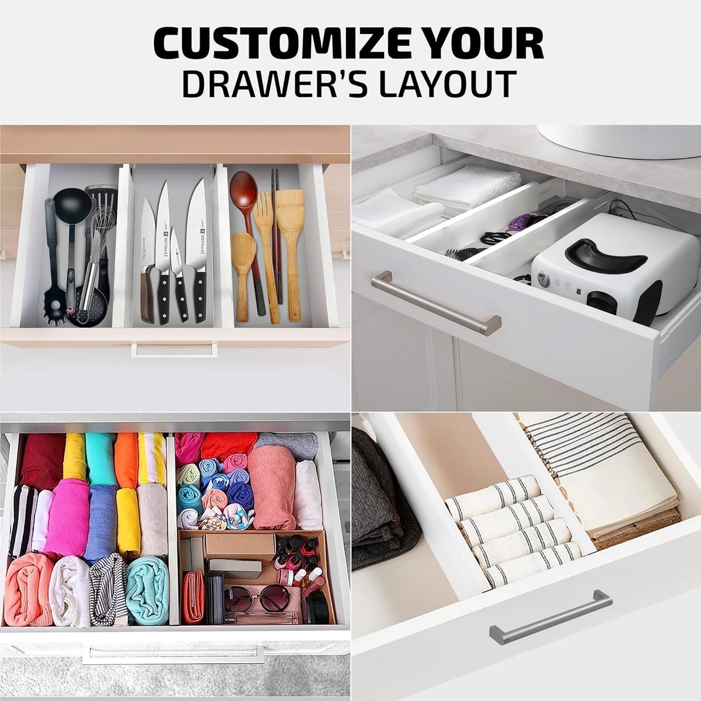 4 Pack Drawer Dividers Bamboo 2.6" High, 12.5"-17" Adjustable Drawer Organizers for Clothes, Expandable Dresser Separators in Bedroom/Bathroom/Kitchen/Office Organization and Storage (White)