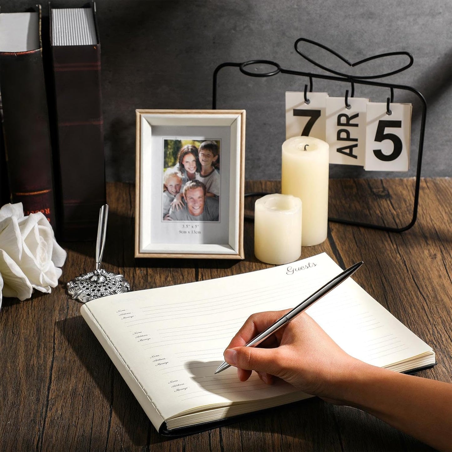 Leather Guest Book and Pen Stand Set, 10.5" x 8" Embossed Guests Sign in Book Registry Book for Funeral, Wedding Reception, Vacation Homes and Events, 80 Sheets (Black)