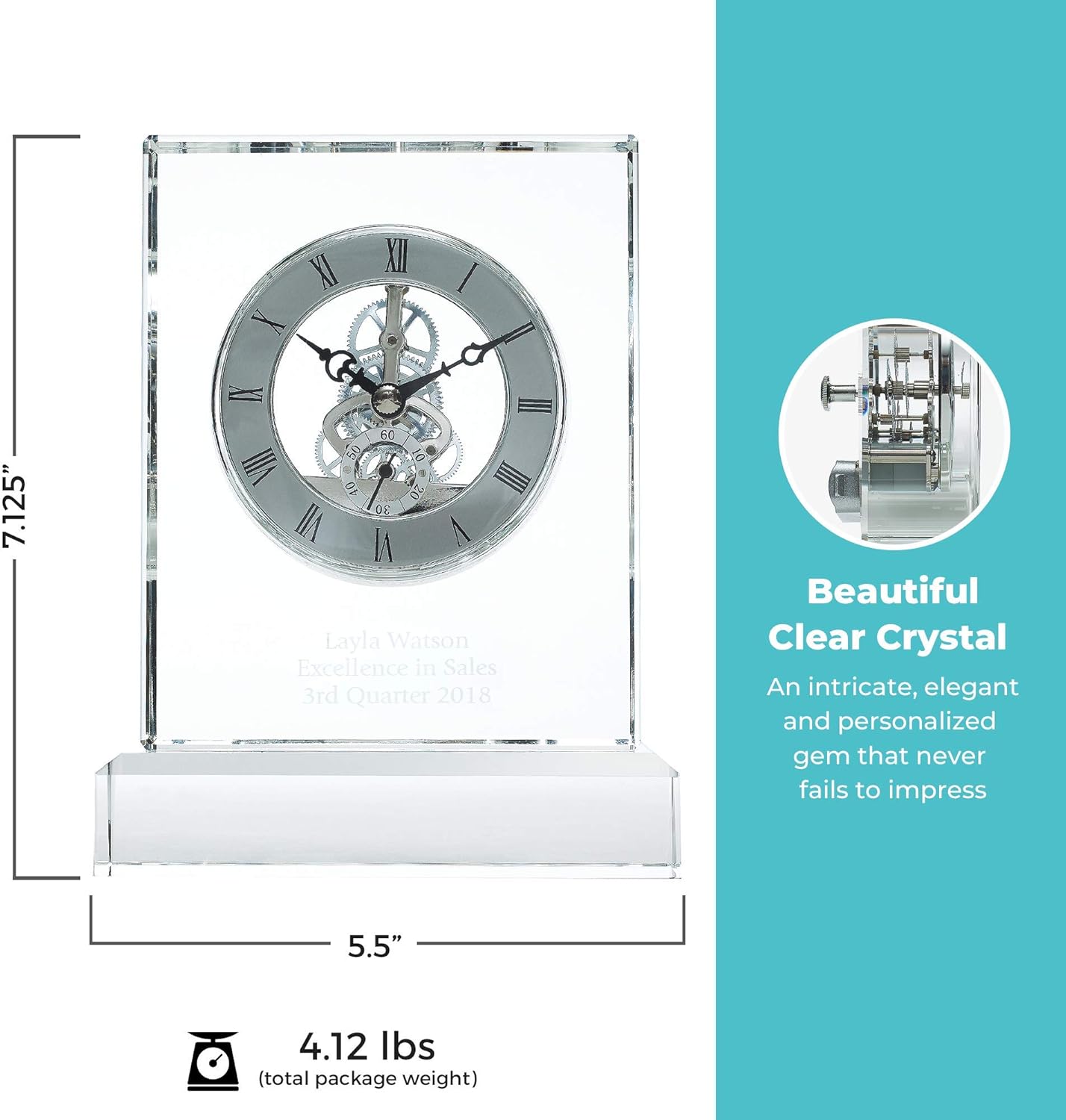 Baudville Engraved 7" Clock Trophy - Clear Crystal with Silver Accents - Silver Inset Time Piece - Personalized Engraving Up to Three Lines and Pre-Written Verse Selection