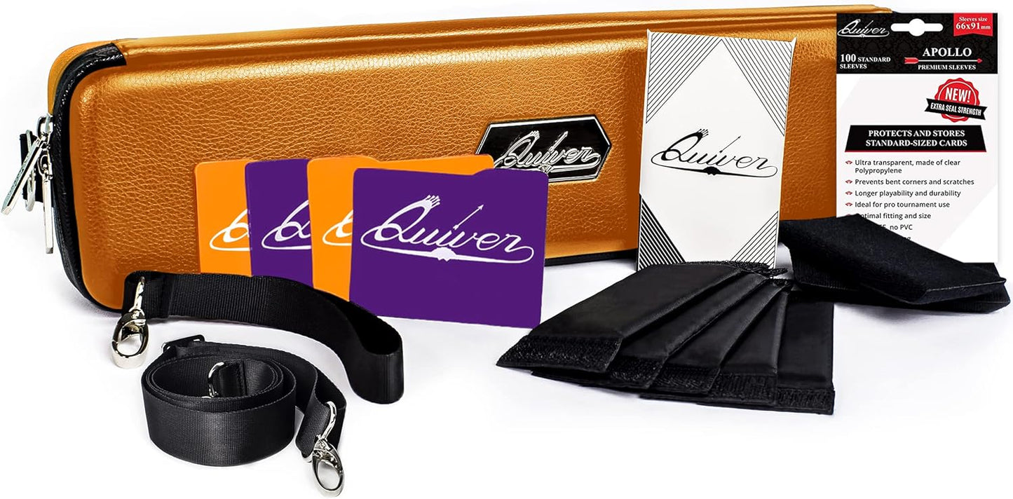 Quiver Time Orange Quiver Card Carrying Case - TCG Cards Deck Box Holder for Trading Cards, MTG Bag Playing Card Case (+Wrist & Shoulder Strap, Dividers, Separators, Corner Pads + 100 Apollo Sleeves)