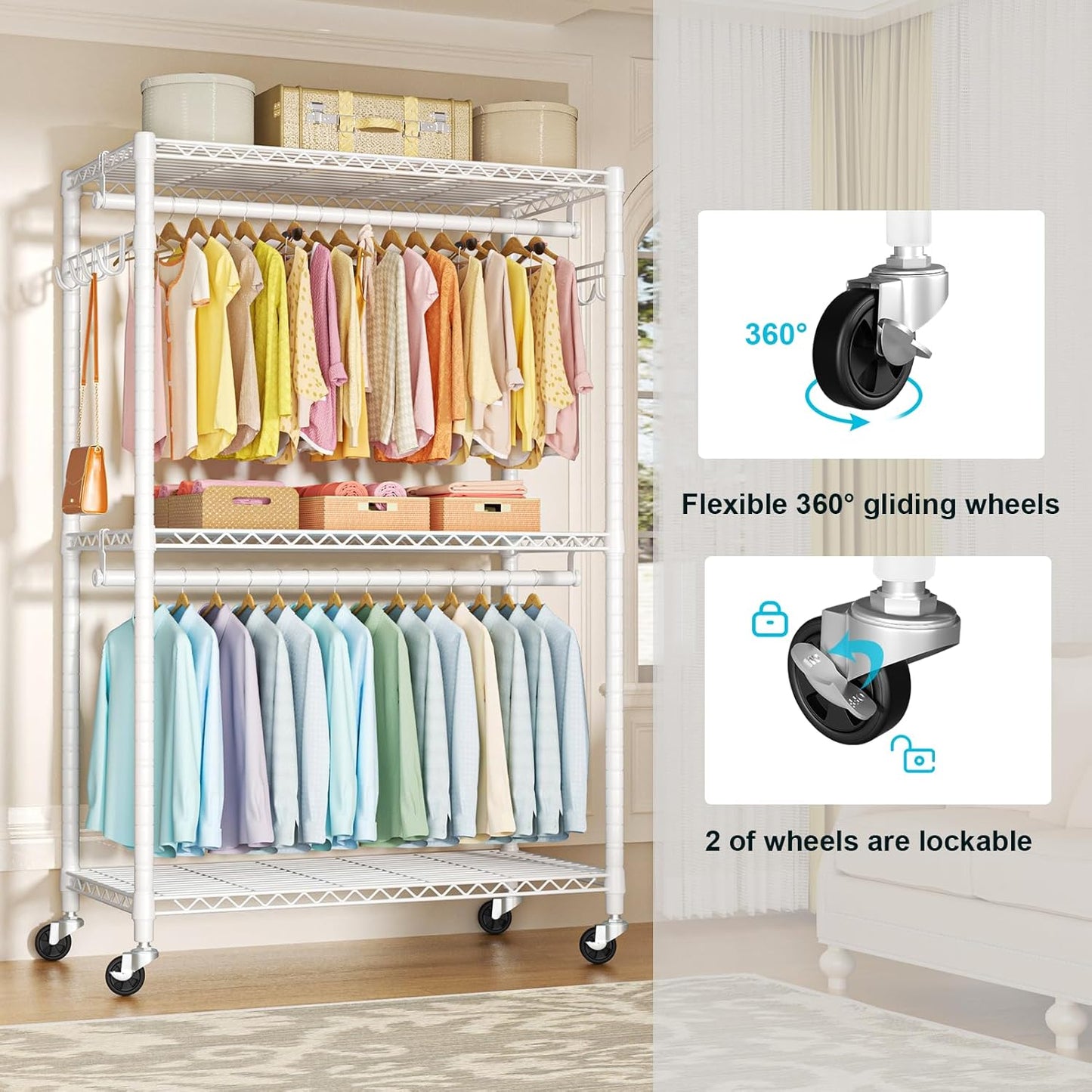 P1 Plus Rolling Clothes Rack, 22mm Diameter Heavy Duty Garment Rack with Wheels, Portable Closet Wardrobe with Double Rods, 45" W x 17.7" D x 80.5" H, Max Load 524 LBS, White