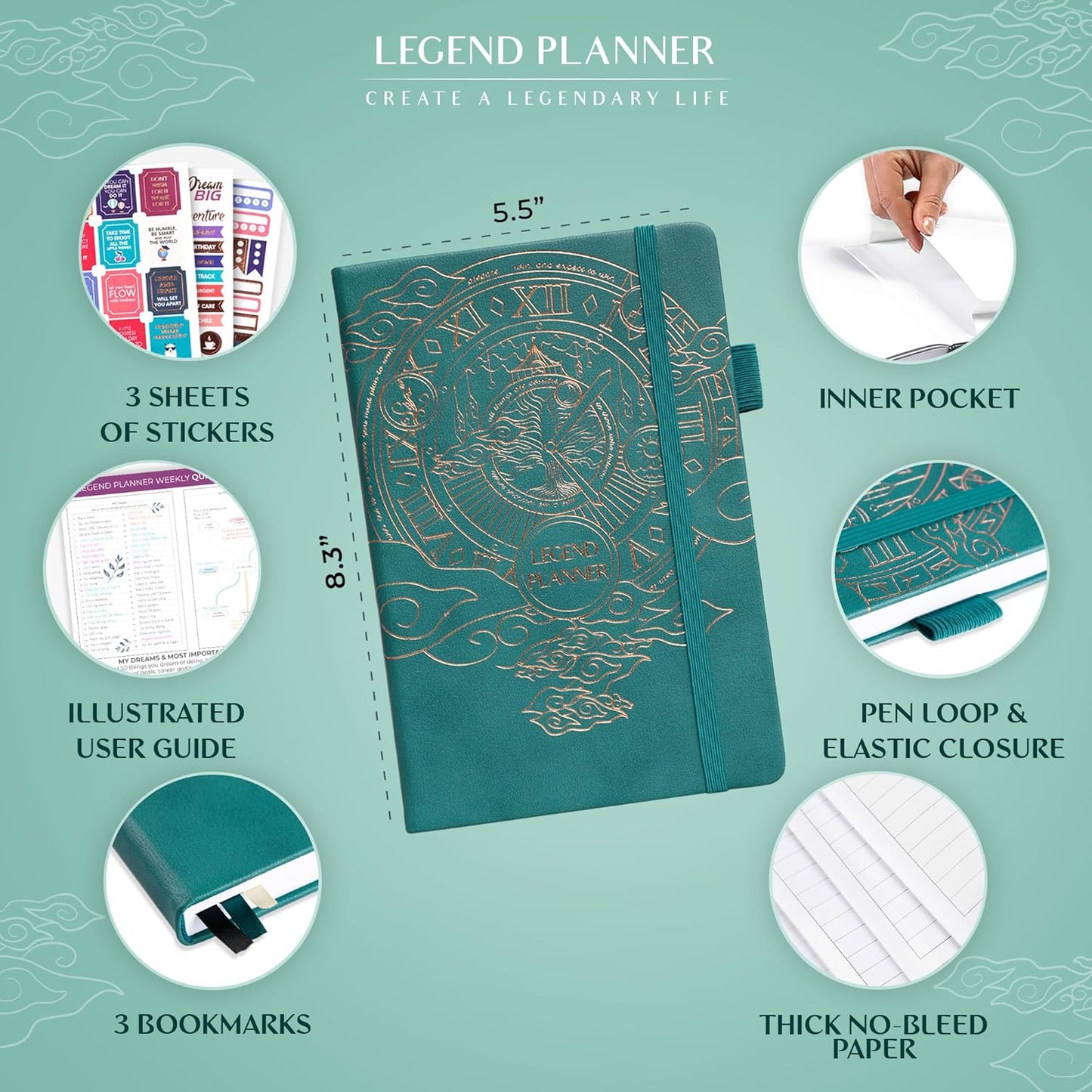 Legend Planner – Weekly & Monthly Life Planner to Hit Your Goals & Live Happier. Organizer Notebook & Productivity Journal. A5 (Viridian Green)