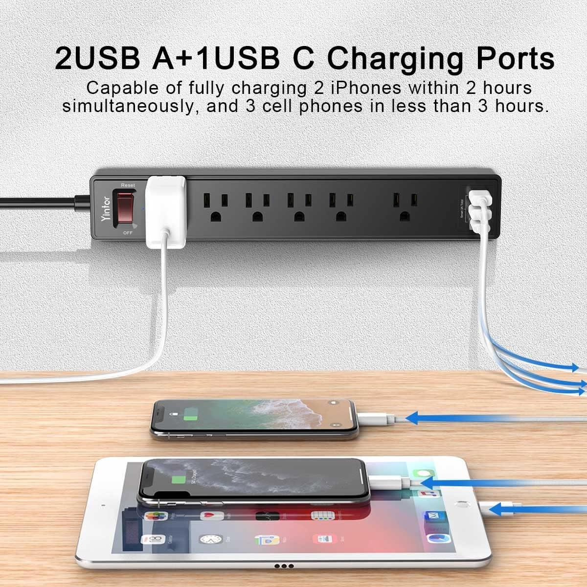 20Ft Power Strip Surge Protector - Yintar Extension Cord with 6 AC Outlets and 3 USB Ports for Home, Office, Dorm Essentials, 1680 Joules, ETL Listed, Black