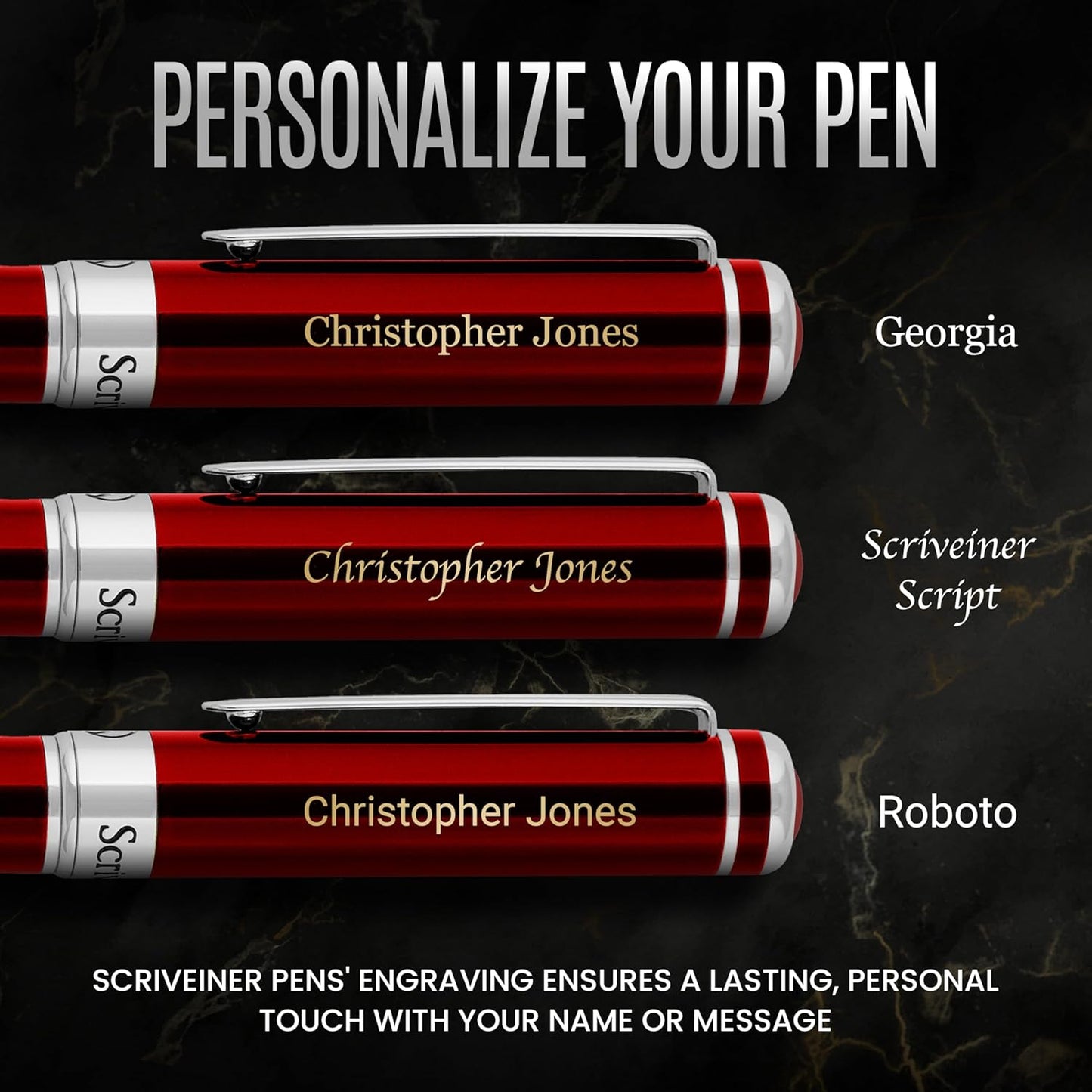 Scriveiner Personalized Deep Crimson Red Pen - Stunning Red Lacquer Luxury Pen with Chrome FinishGerman Schmidt Nib (Medium), Best Engraved Fountain Pen Gift Set for Men & Women, Name Engraving