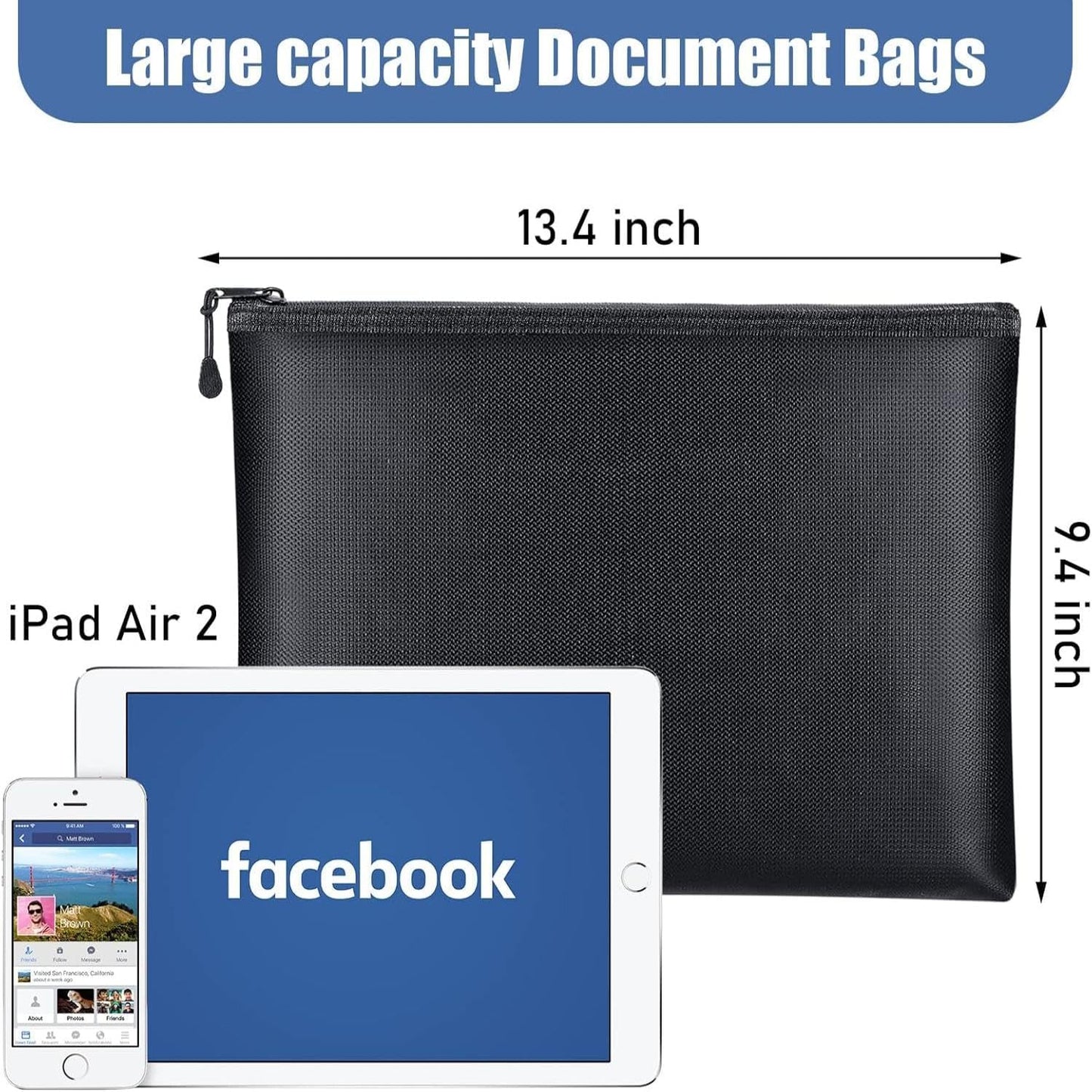 Epakh 2 Pack Fireproof Document Bags 13.4 x 9.4 Inch Waterproof and Fireproof Money Bag Document Holder with Zipper Fireproof Safe Storage Bag for A4 Documents, Money, Passport and Tablet