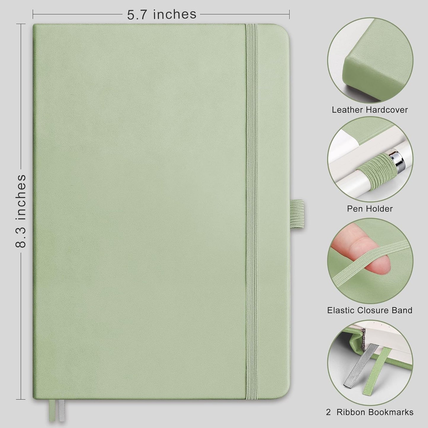 RETTACY Bullet Dotted Journal Notebook, 2-Pack, 160 Numbered Pages per Pack, A5 Medium Size (5.7'' x 8.3''), 120 GSM Thick Paper, Leather Hardcover, for Bullet Journaling (Black & Light Green)