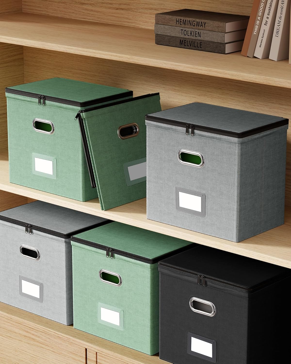 Oterri 1 Pack File Organizer Boxes with Lids, File Box with Mesh Pockets, Document Organizer Box for File Folders Letter Size, Zippers Filing Box for Home, Office, School (Green, Without Folders)