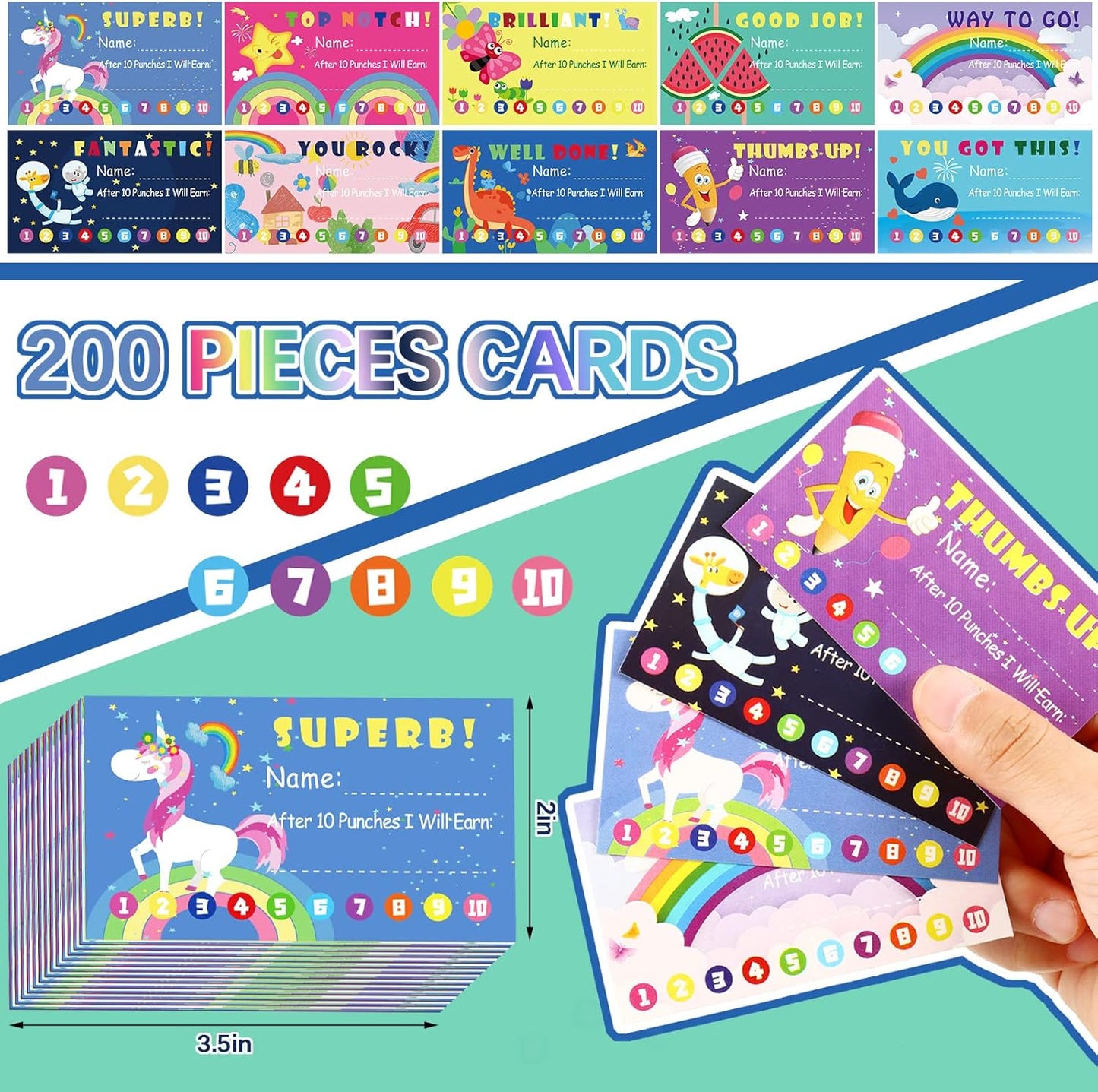 200 Pcs Behavior Punch Cards with Hole Puncher for Kids Incentive Reward Chart Loyalty Card for Classroom Student Teacher Business Kid Award Behavior 3.5 x 2 Inch, 10 Styles(Bright Style)