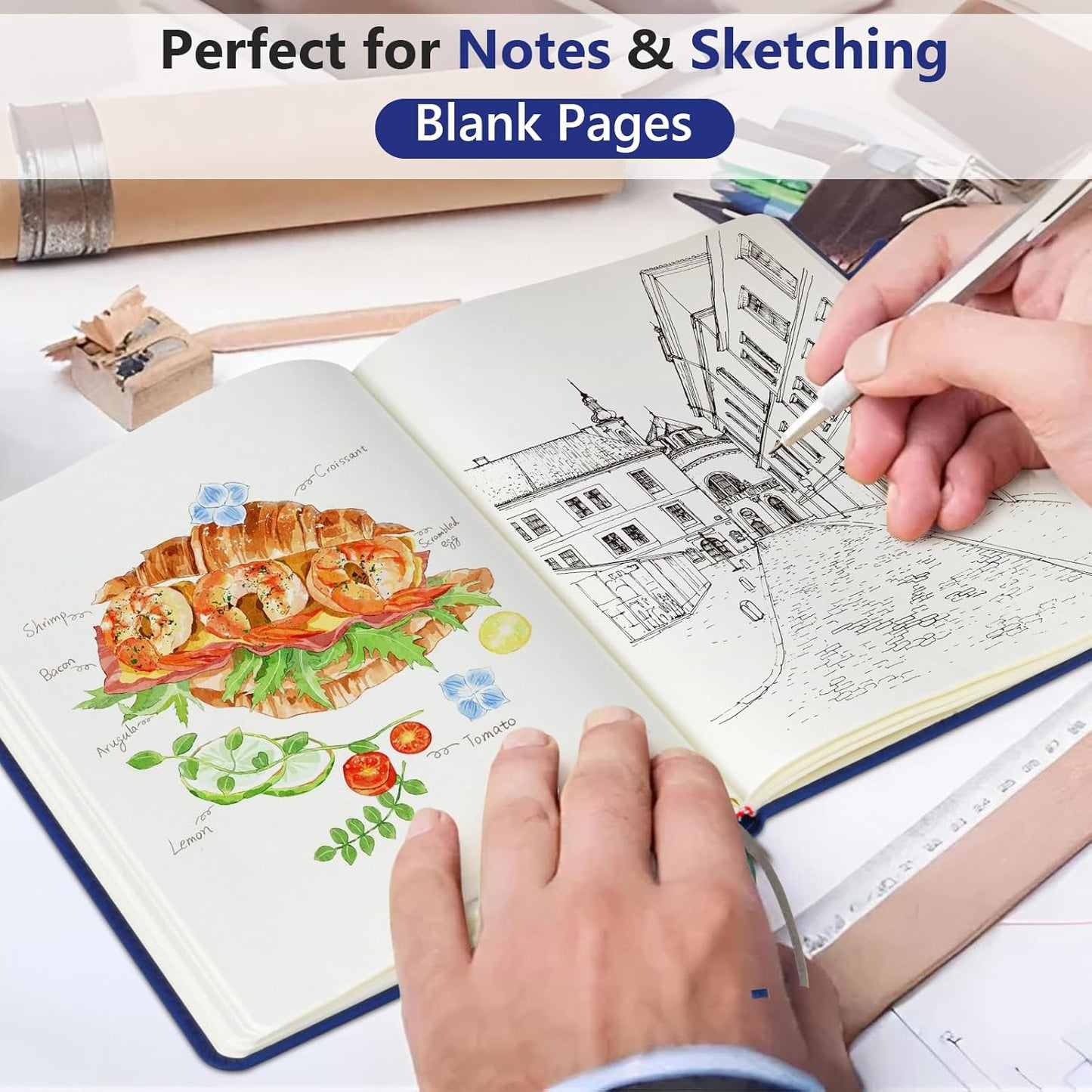 Blank Journal Ntebook for Men & Women, 160 Pages Blank Journals for Writing, Drawing,Sketch Book,5.9" x 8.5" Leather Sketchbook, Unlined Notebook for Work, School, Art - Navy