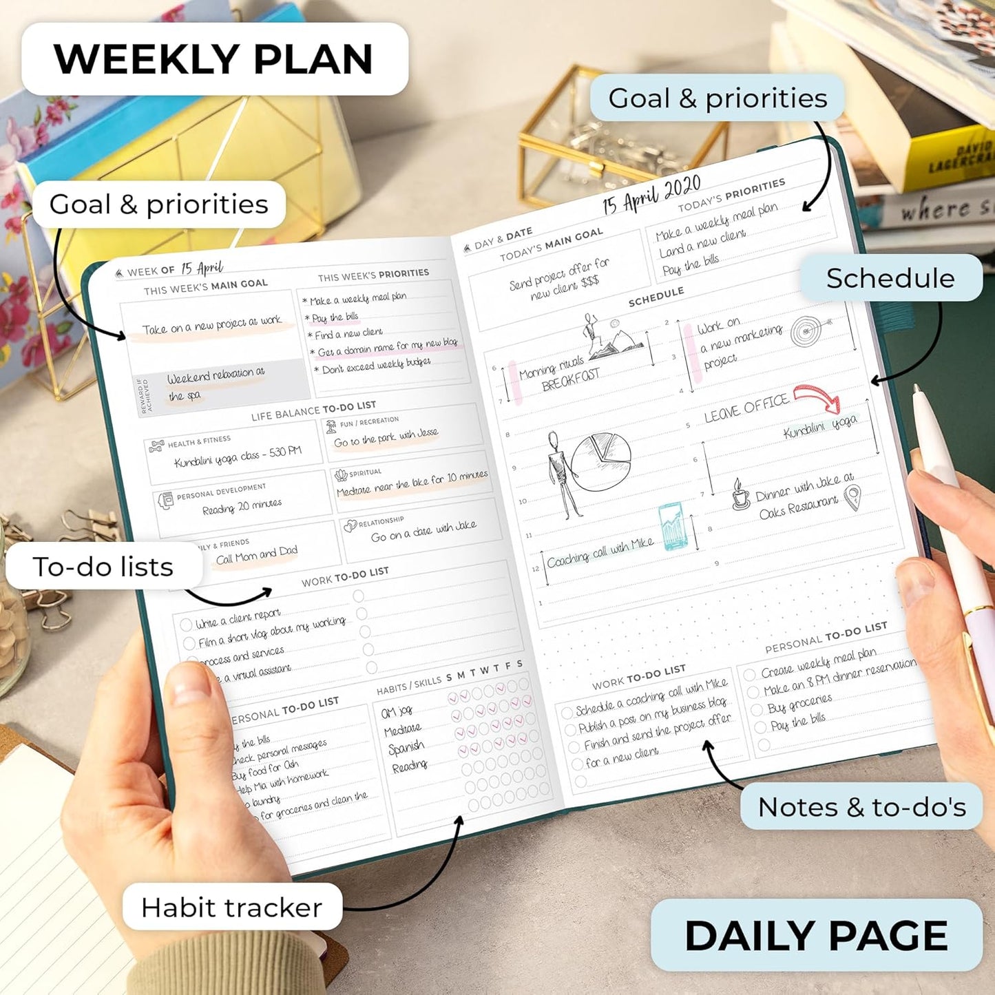 Clever Fox Planner Daily Premium – Undated Daily Planner with Hourly Schedule, Personal Organizer, Productivity Journal, 6 Months (Dark Teal)
