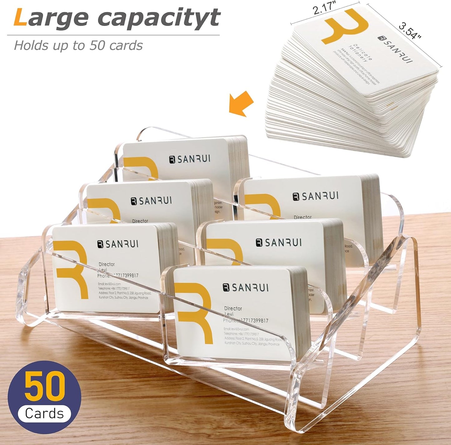 SANRUI Acrylic Business Card Holder for Desk, 3 Tier Clear Tilt Business Name Card Display Holders Stand Storage Organizer Fits 360 Business Cards (Horizontal, 6-Slot)
