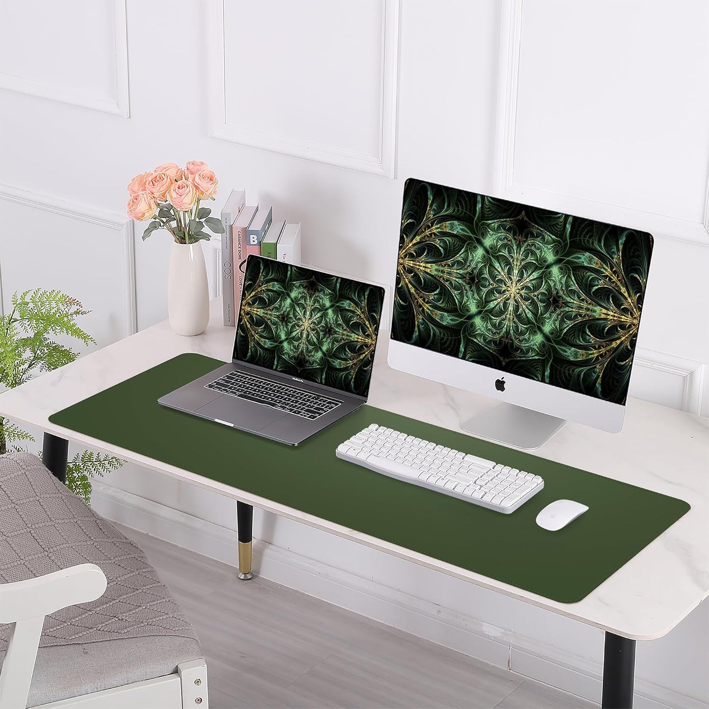 Leather Desk pad Protector, Large Desk mat with Natural Cork & PU Leather,Mouse pad,Non-Slip Office Desk Mat,Waterproof Desk Writing Pad for Office and Home (47in*17in,Military Green)