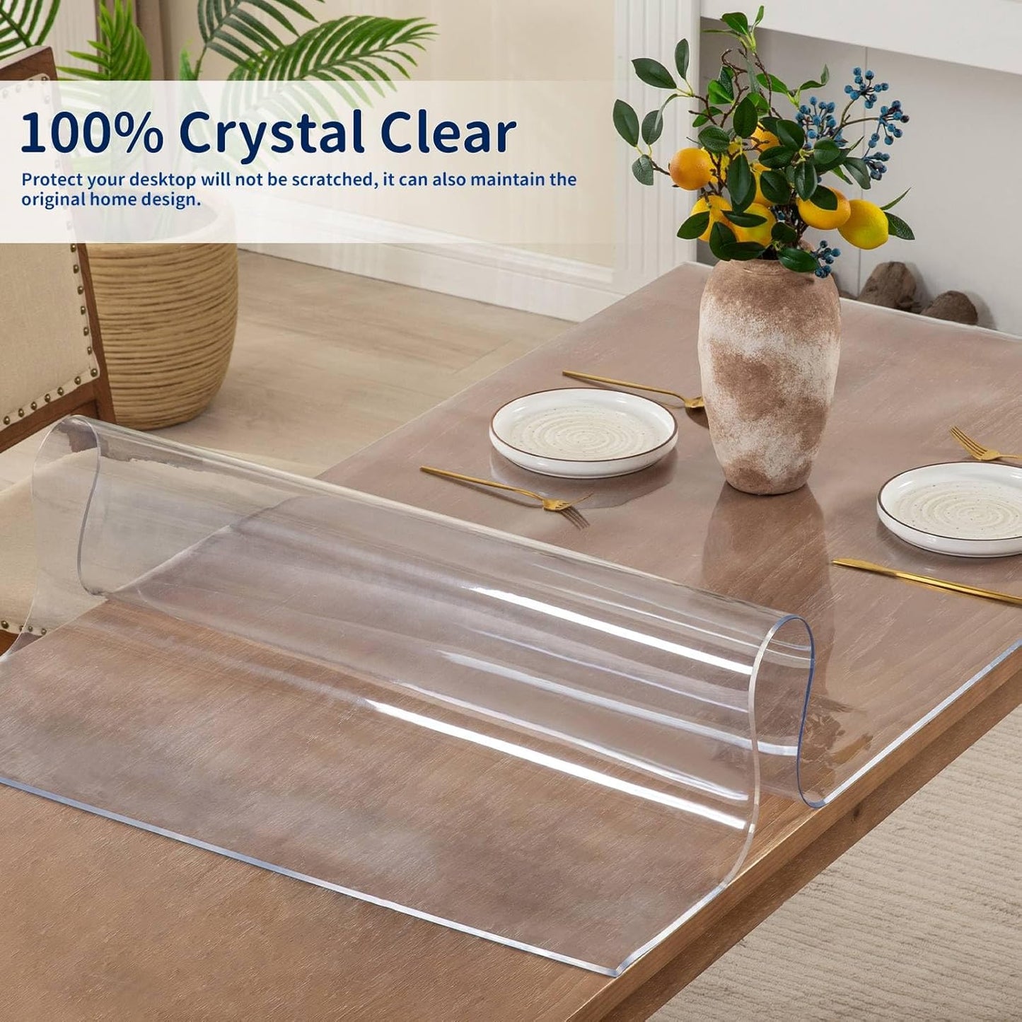 60 x 108 Inch Clear Table Cover Protector, 2mm Thick Clear Table Protector for Dining Room Table, Plastic Table Cover, Waterproof Table Pad for Kitchen, Office