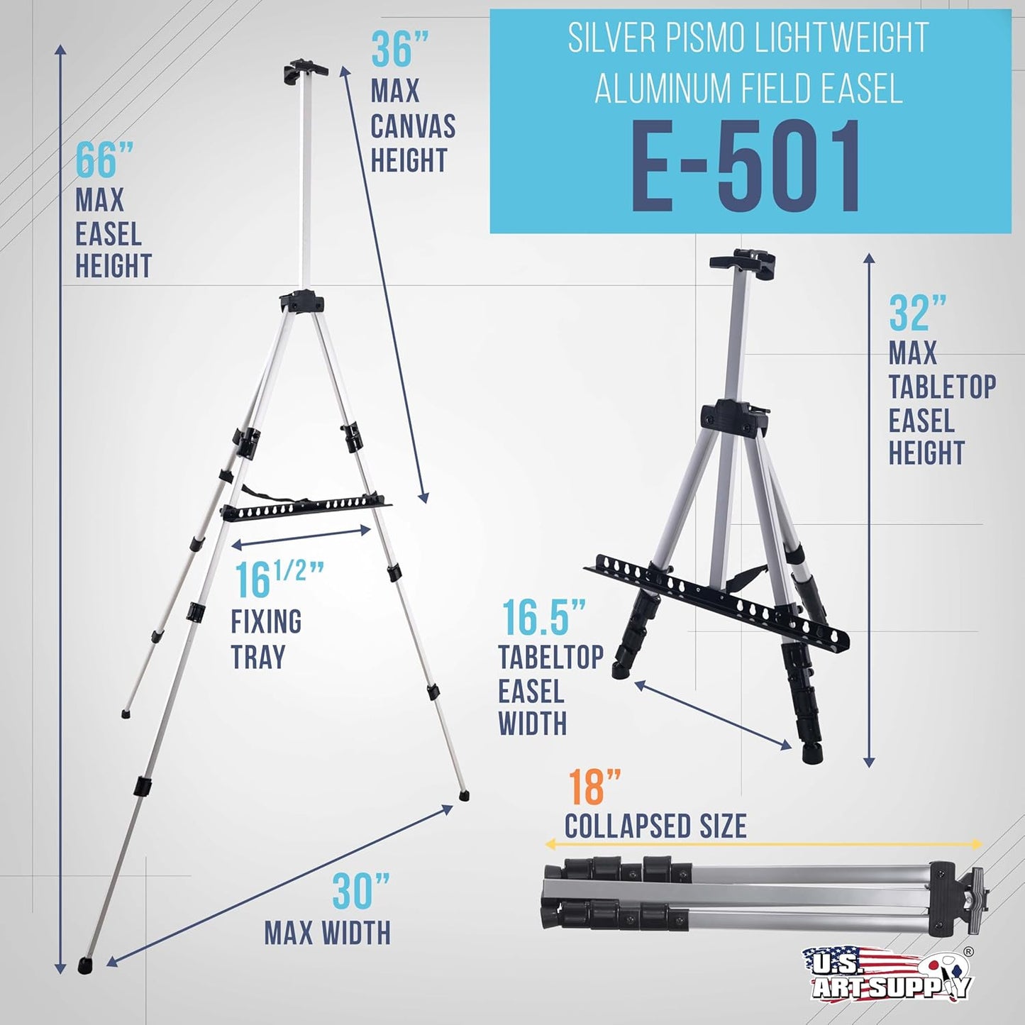 U.S. Art Supply 66" Silver Metal Tripod Easel Display - Adjustable 18"- 5.5', Holds 36" Canvas - Floor/Tabletop Easel Stand, for Sign Display, Painting, Poster Board, Canvas - Portable Bag