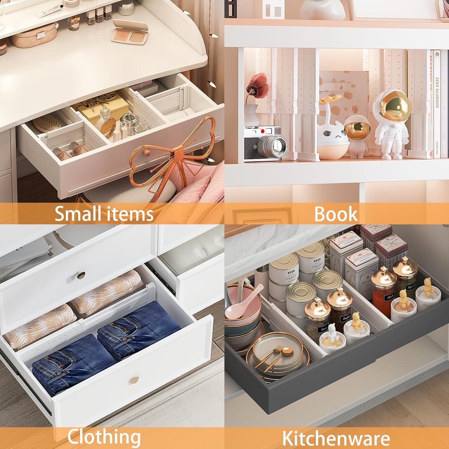 REBECAT 5 Pack Drawer Dividers for Clothes Adjustable Drawer Dividers 4" High Expandable from 11"-17" for Dresser Baby Clothes Bathroom Bedroom Kitchen and Office Storage，White