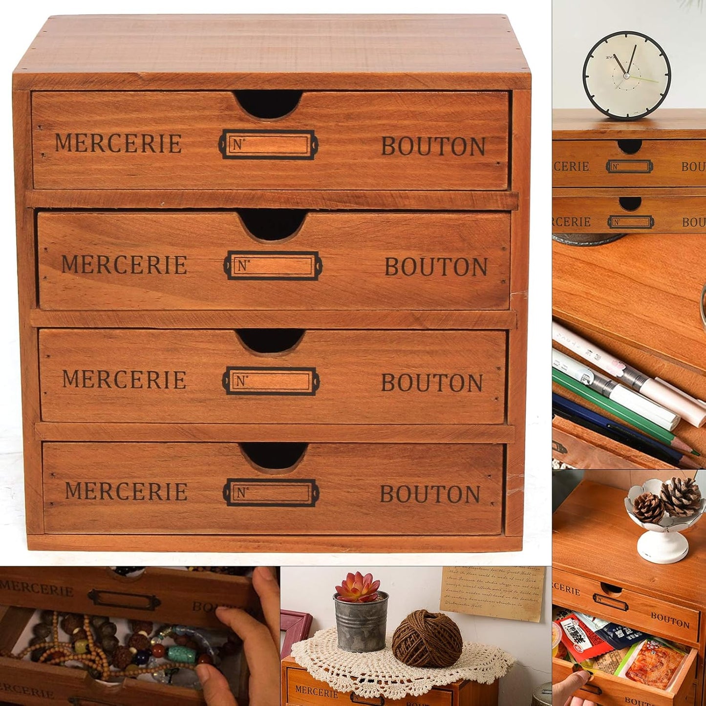 Vintage Drawer Wooden Desk Organizer, 16-Drawer Gift Storage Case Organizer Stand, Iron Label Holders, Brown, For Store Cosmetics, Files, Books, Letters, Papers, Magazines (4-Drawer)