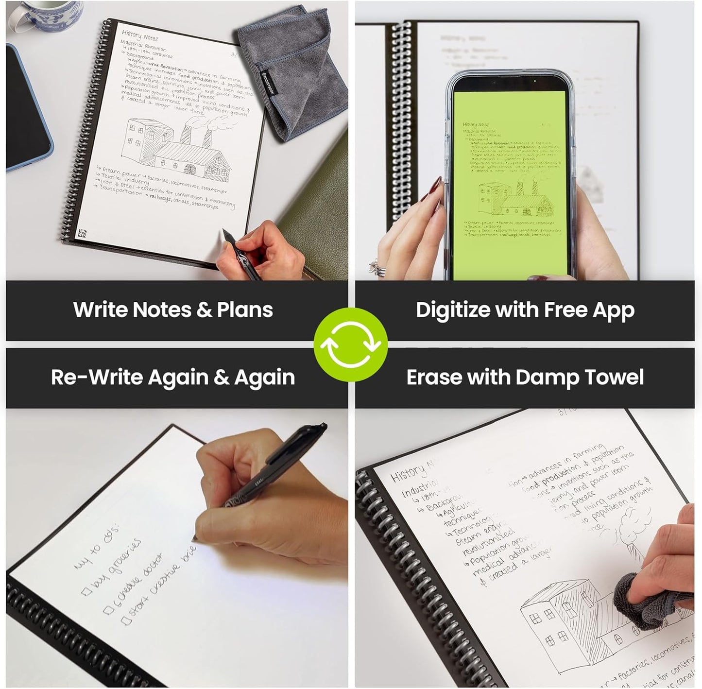 Rocketbook Fusion Smart Wiederverwendbares Notizbuch, To-Do-Listen & Notizvorlagen-Seiten | 1 Pilot Frixion Stift & 1 Mikrofasertuch, Executive - Rot