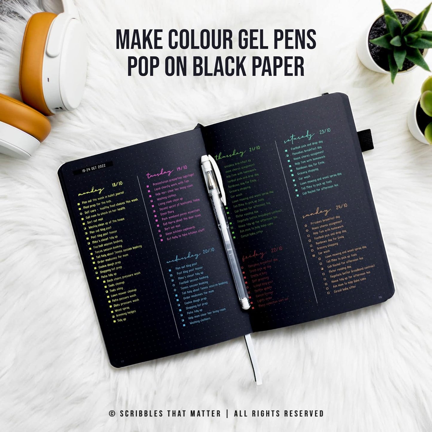 Black Paper Bullet Dotted Journal Notebook | A5 Starry Night by Scribbles That Matter | Free white gel pen | 160gsm Blackout no-bleed dot grid paper | For Men and Women | 5.75 x 8.5 in | Black