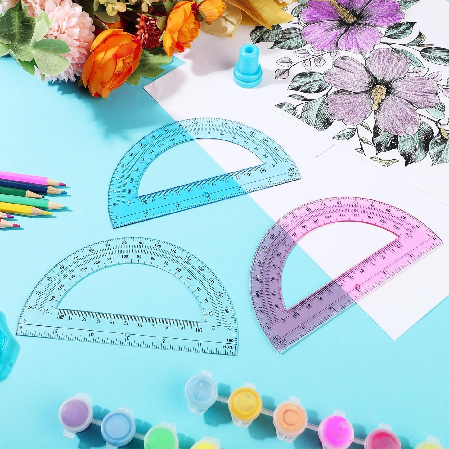 Zonon 100 Pack 6 Inch Plastic Protractor Back to School Protractors 180 Degrees Pink Blue Clear Protractors for Classroom Math Teacher Student Office Supplies, Clear, Pink, Blue