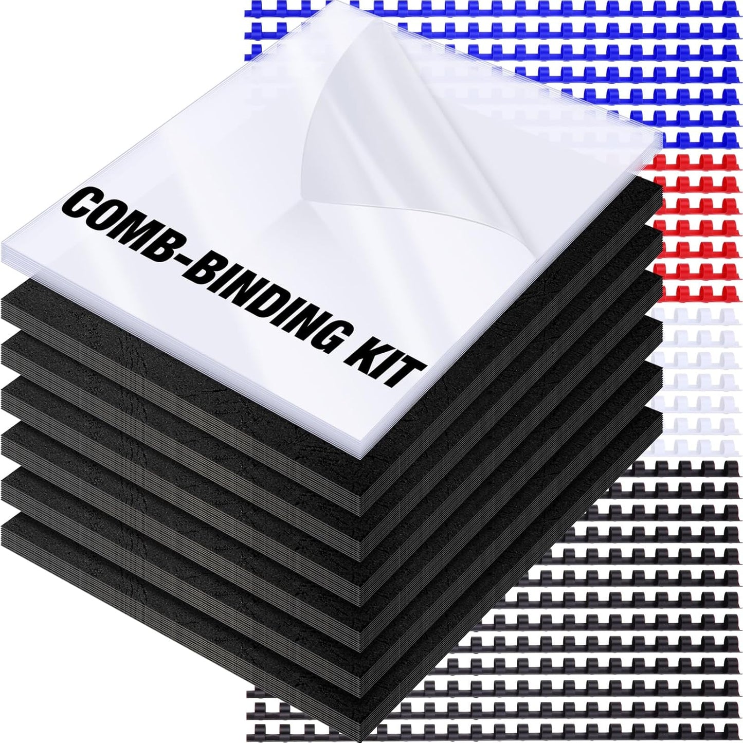 160 Pack Binding Covers and Combs kit 8.5x11 Inches Include 60 Pcs 12 mil Leather Texture Binding Cover 60 Pcs 8 mil Clear PET Presentation Covers 40 Pcs Binding Combs Letter Size(Multi Color)