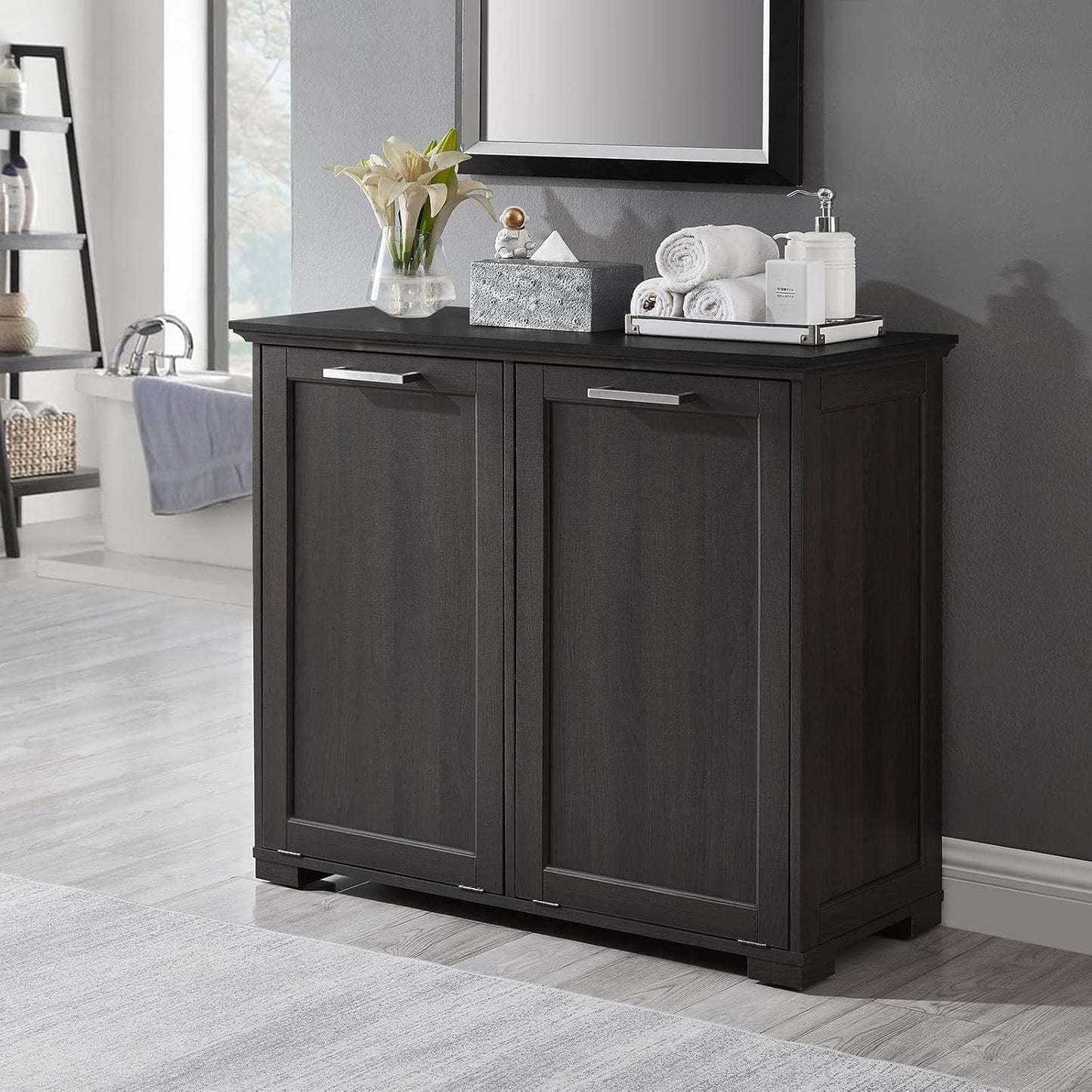 OLD CAPTAIN Double Tilt Out Trash Cabinet, Wooden Kitchen Garbage Can Free Standing Holder (Dark Brown+Black Top Panel)…