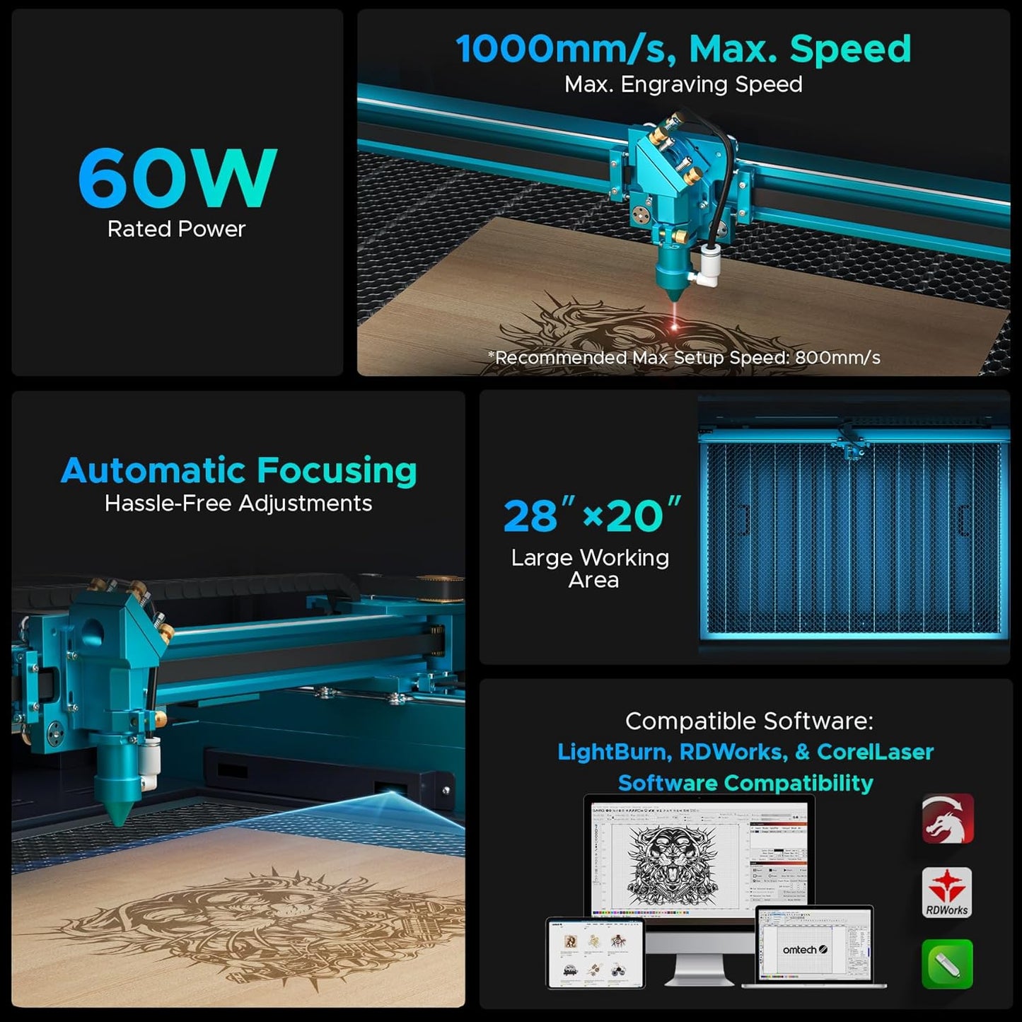 OMTech 60W CO2 Laser Engraver, 28"x20" Laser Engraving Machine with Autofocus 2 Way Pass-Throughs Built-in Air Assist, Commercial Laser Cutting Etching Machine for Wood Glass Acrylic Leather More