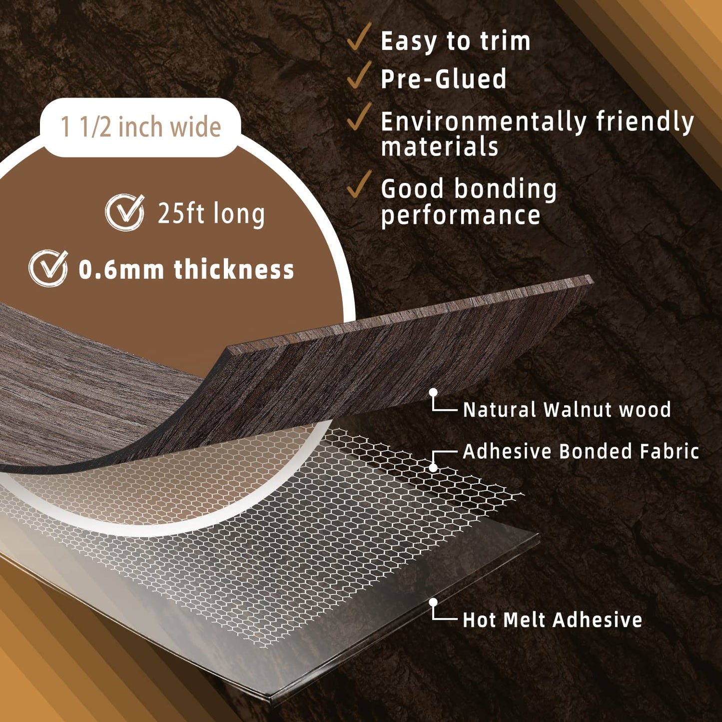 GSCIT Club Walnut Edge Banding, 1 1/2 inch x 25ft roll of Veneer Edge Banding Preglued Flexible, Real Wood Tape Banding