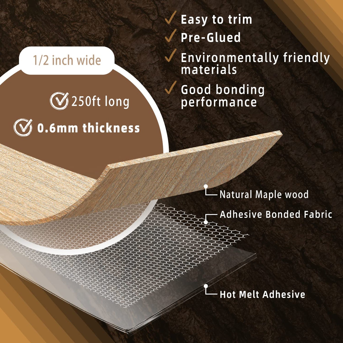 GSCIT Club Maple Edge Banding, 1/2 inch x 250ft roll of Veneer Plywood Edge Banding Preglued Flexible, Wood Tape Banding for Cabinet Repair