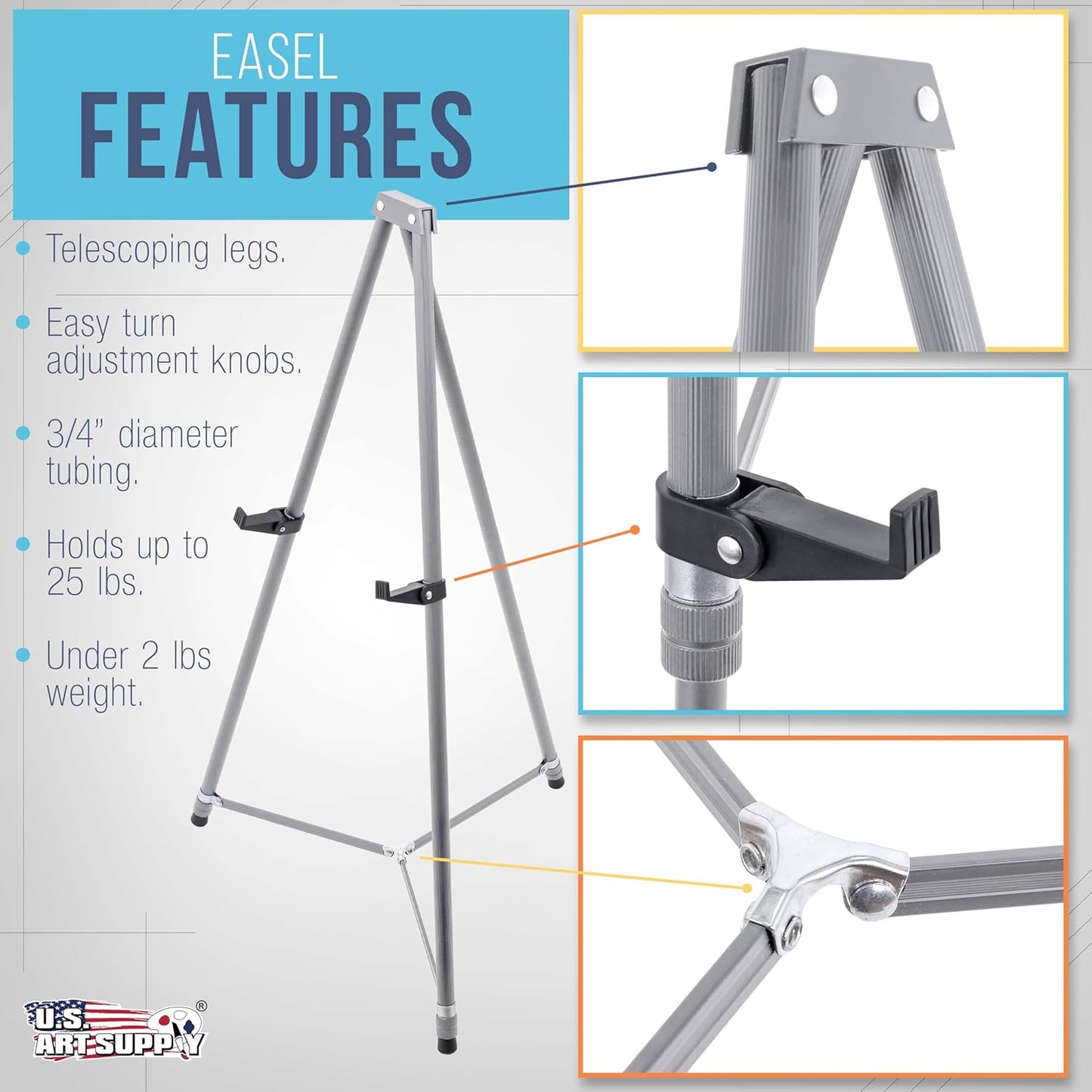 U.S. Art Supply 66" High Gallery Silver Metal Display Easel (10 Pack) - Large Adjustable Height Portable Easel Stand, Sign Display, Holds 25 lbs - Floor & Tabletop Easels, Painting Stand