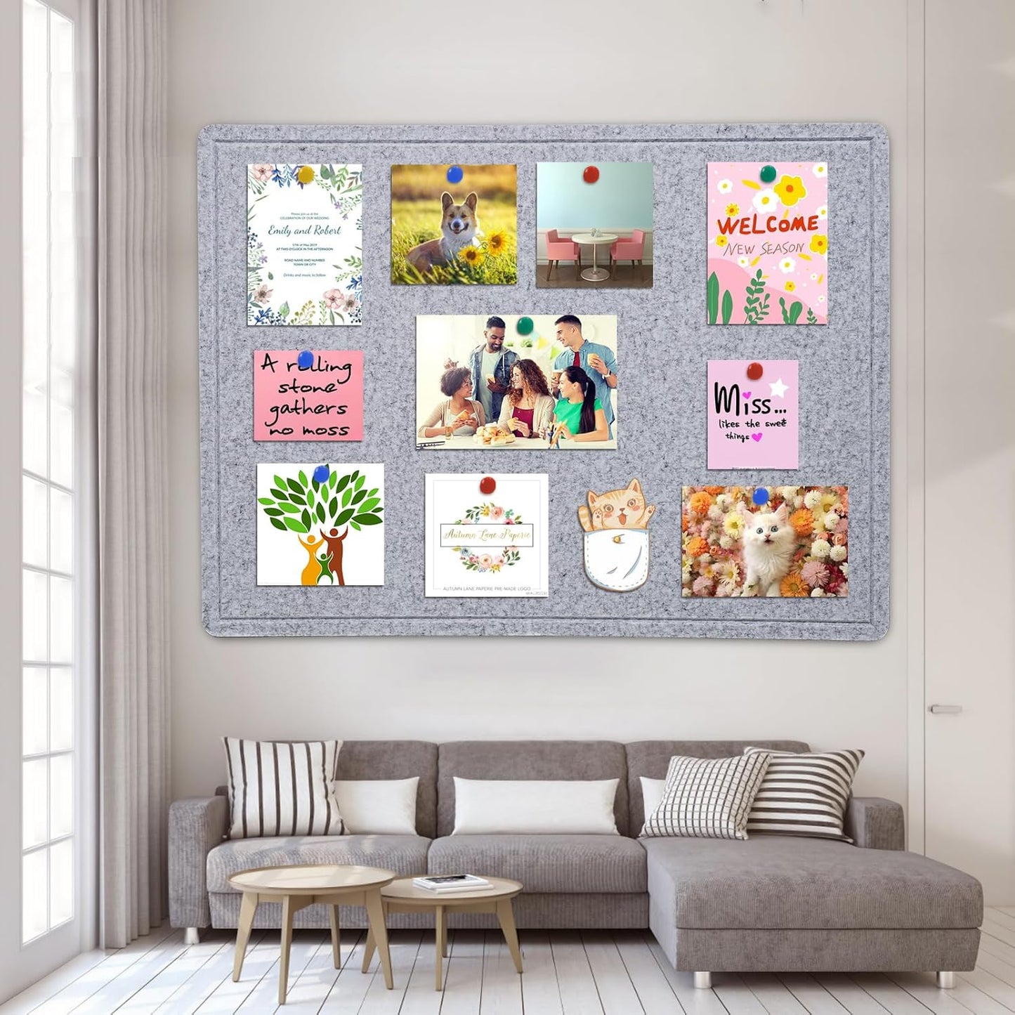 Large Bulletin Board - 48 X 36 inches Decorative Felt Pin Board - 4' x 3' Cork Board Alternative for Wall - Foldable Photo Board Self-Adhesive Vision Board Prayer Board with 30 Pushpins - Silver Gray