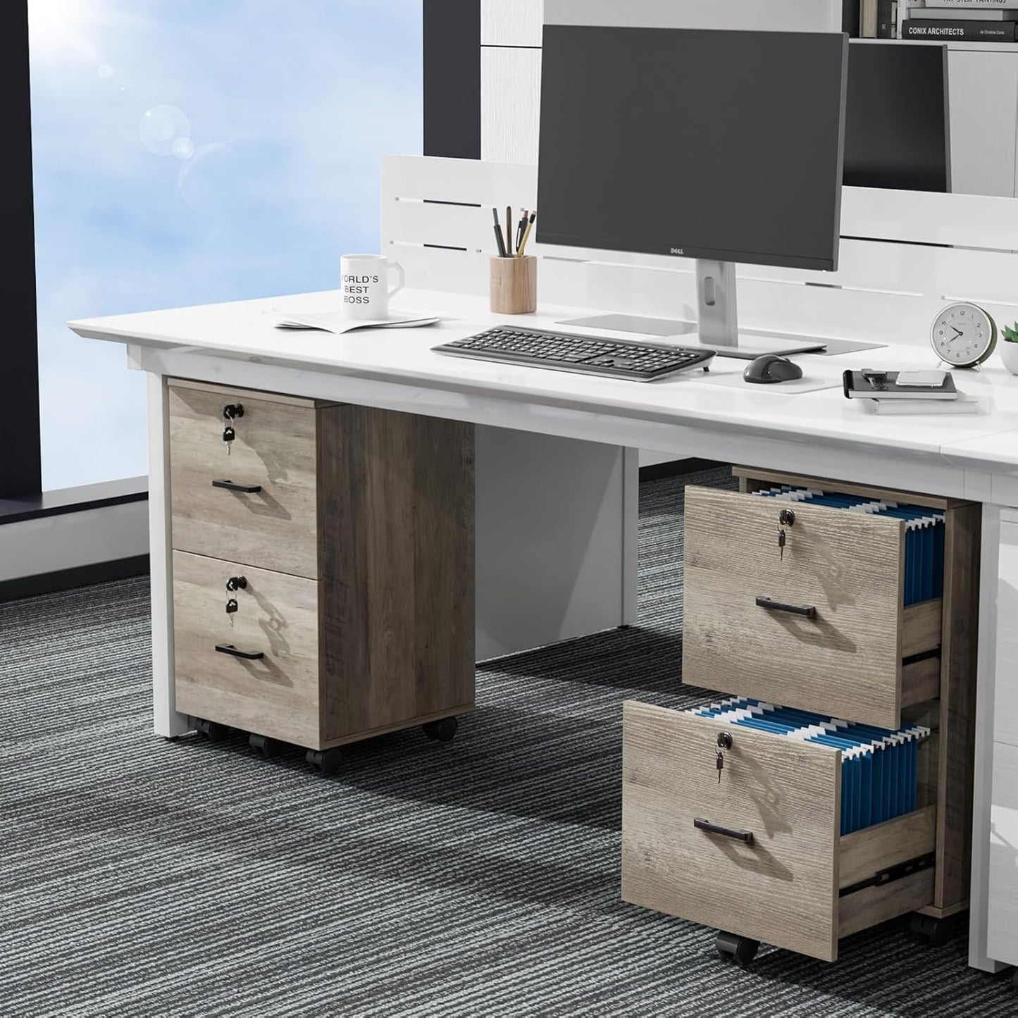 VINGLI 2 Drawer File Cabinet with Lock, Wood Rustic Gray Filing Cabinet for Letter Size File Folders with Tabs, Under Desk Rolling File Cabinets for Home Office, Mobile File Organization Printer Stand
