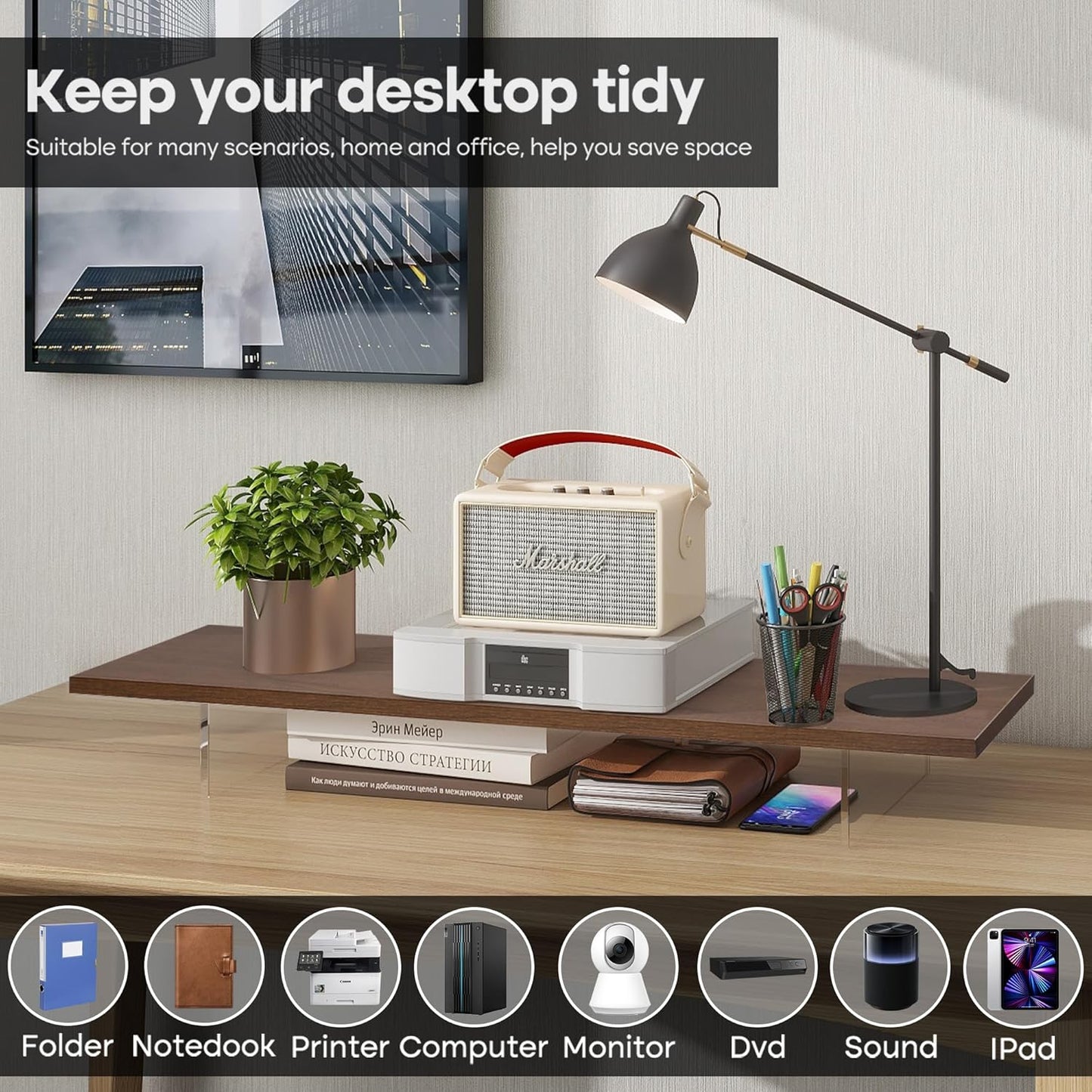 Monitor Stand Riser,Wood & Acrylic Computer Monitor Stand with LED Light,Desk Accessories Desktop Organizer Stand for Computer,Laptop,Printer,PC & TV Screen