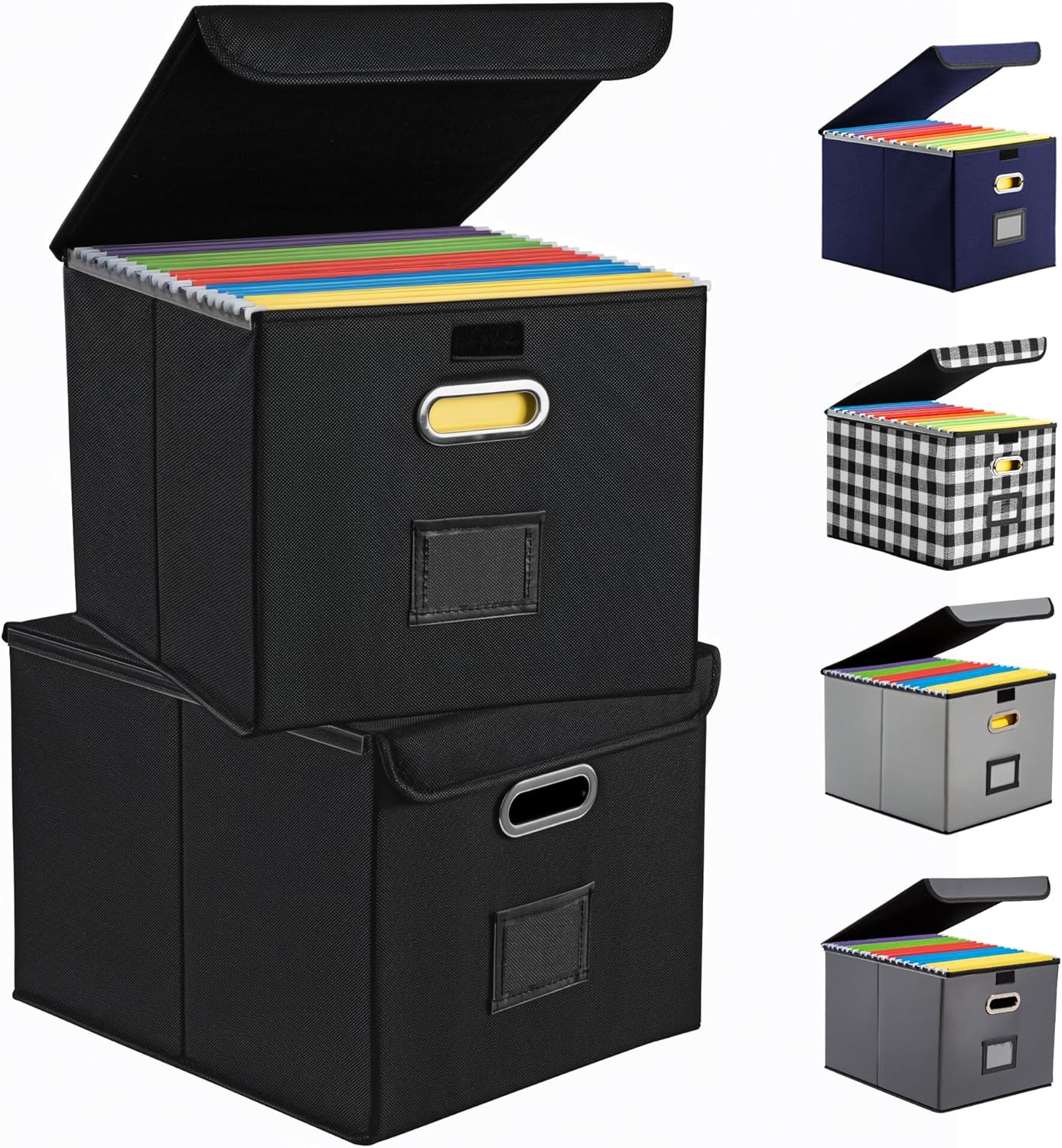File Organizer Box, Linen Filing Organizer with Lid, Large Desktop File Boxes, Black,2 Pack