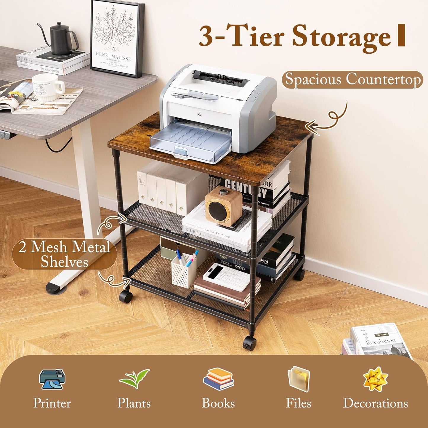 Tangkula 3-Tier Printer Stand, Multifunctional Utility Cart with Ample Storage Space, Rolling & Lockable Wheels, Sturdy Metal Frame, Adjustable Heights, Printer Cart (Rustic Brown)