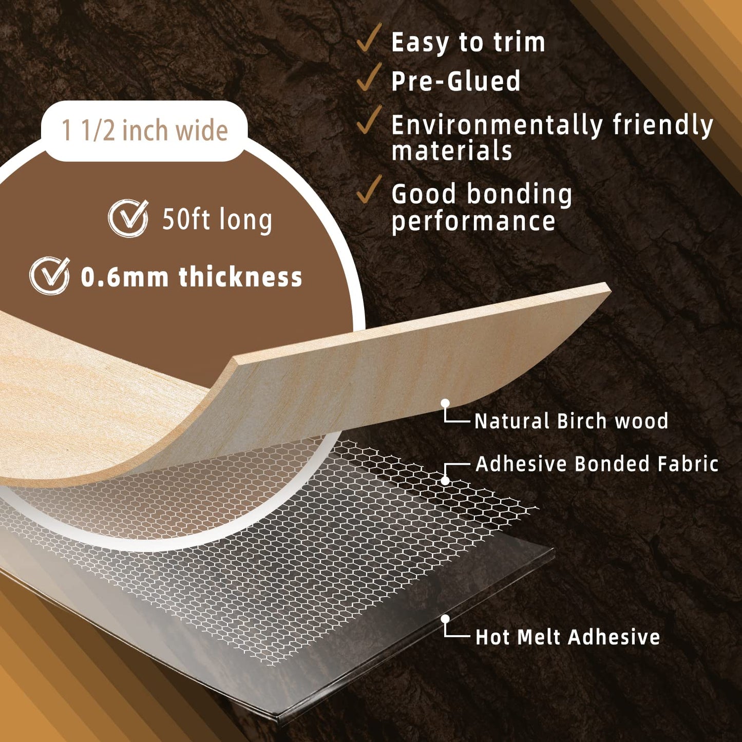 GSCIT Club Birch Edge Banding, 1 1/2 inch x 50ft roll of Veneer Edge Banding Preglued Flexible, Real Wood Tape Banding