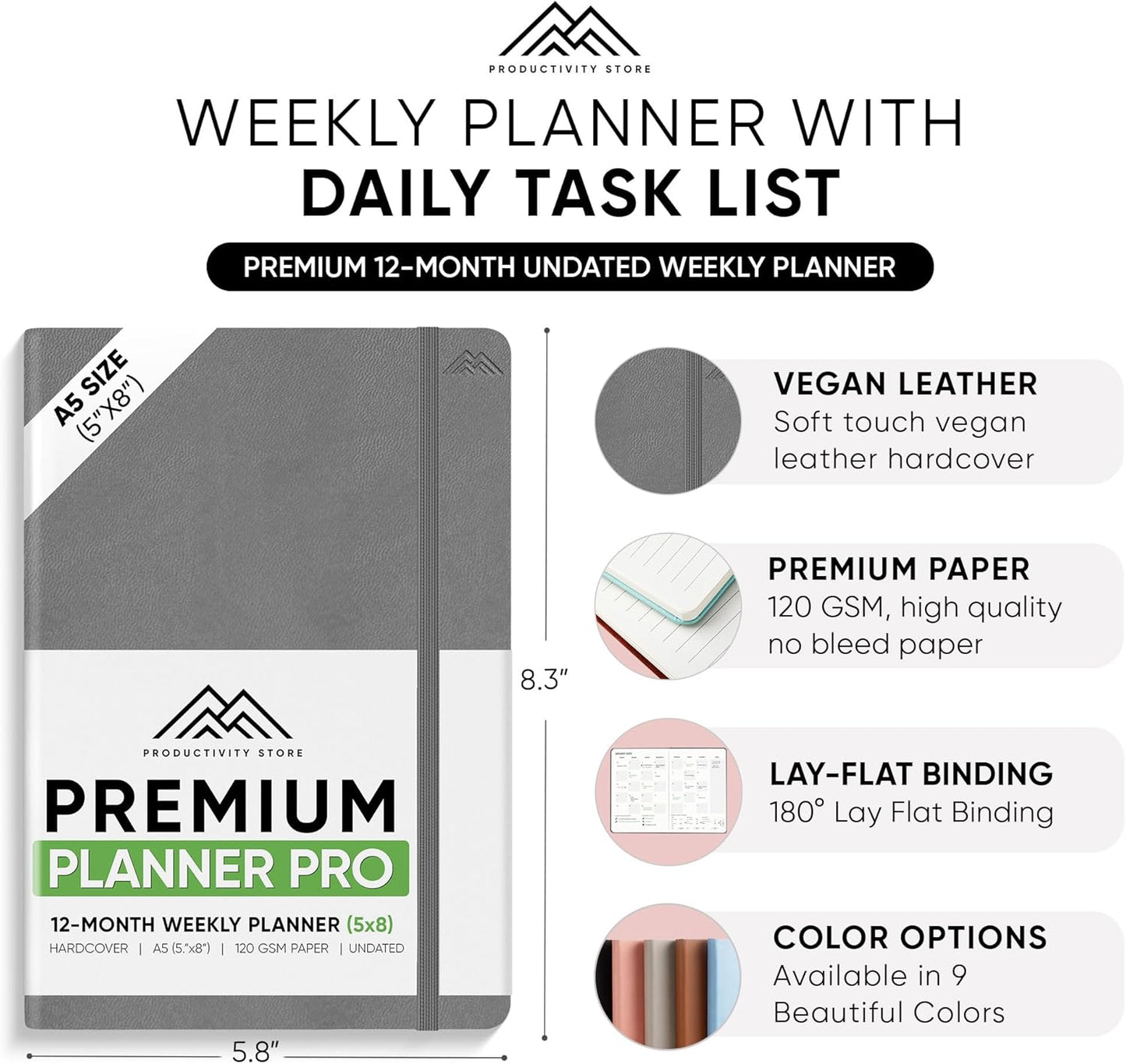 2025 Planner Pro 5.8 x 8.3 - Undated Productivity & Business Planner Notebook & Journal - Monthly Planner 2025 & Daily Planner 2025-2026 - A5 - Grey - Productivity Store