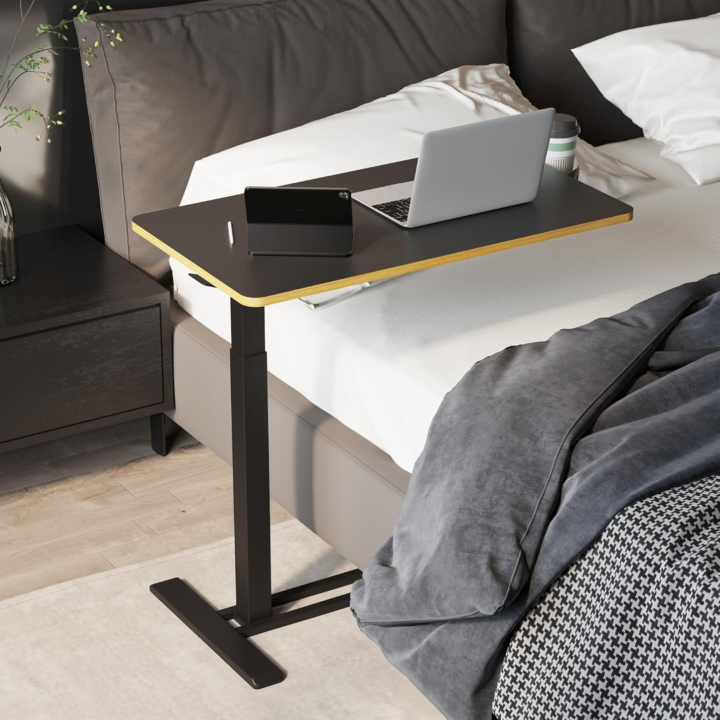 SANODESK Mobile Standing Desk with Hidden Wheels,Pneumatic Laptop Desk Rolling Computer Cart Movable Height Adjustable Small Sit Stand Desk for Home Office(31.5" W x 17.7" D, Black+Maple Band)