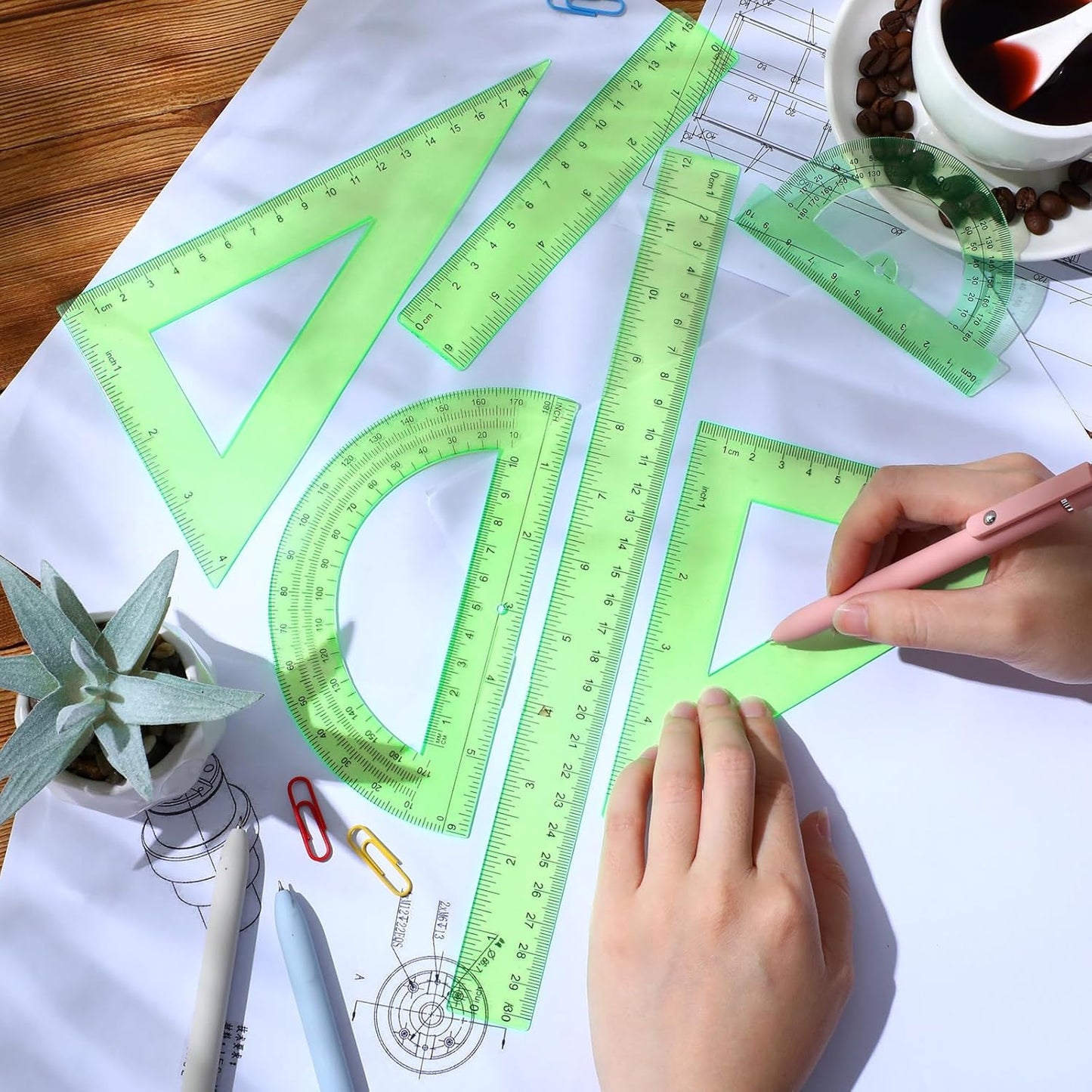 Tenare 6 Pcs Plastic Ruler Math Set Includes 12 Inch 6 Inch Straight Protractor Triangle Geometry Transparent Math Ruler Measuring Tools for School Office Home(Green)