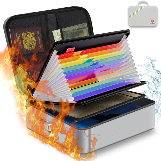 Fireproof Document Box w/Lock & Reflective Strip, Fireproof Waterproof Document Organizer, Safe Bag for Important File Storage, Portable for Travel, for Tax Files, Paper, Certificates(Silver)