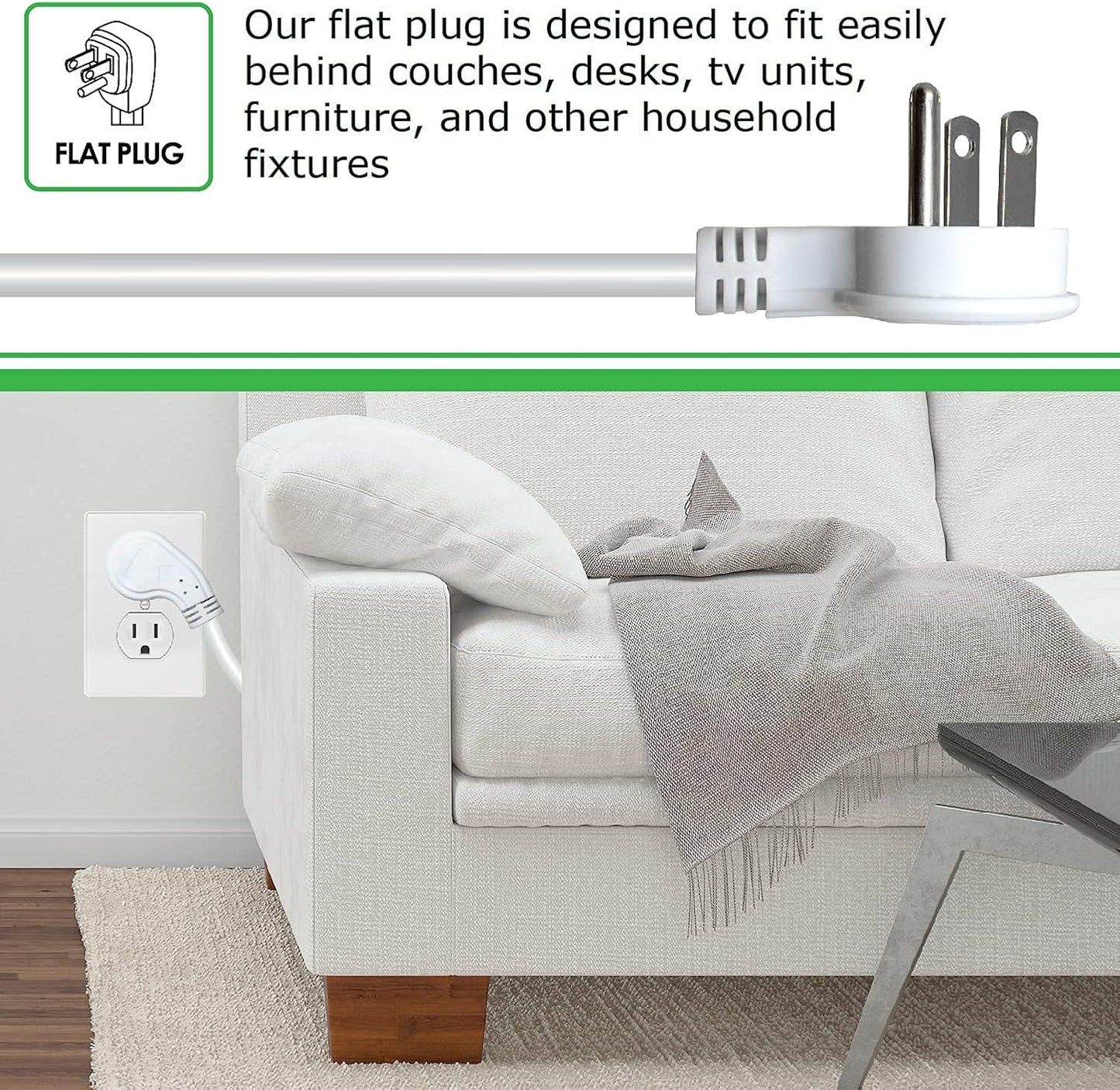 Digital Energy 8 Outlet Surge Protector Power Strip - 15 AMP, 1875 W, 125 V, 350 J Surge Protection, ETL Listed - Flat Plug, White, 8 FT