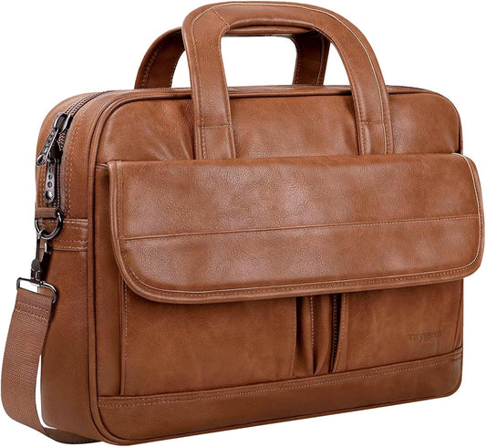 Taygeer Leather Laptop Bag for Men Women, Premium Laptop Briefcase Fits Up to 15.6 Inch Notebook, Waterproof Portable Shoulder Messenger Crossbody Bag Carry On Case for Travel Business Office, Brown