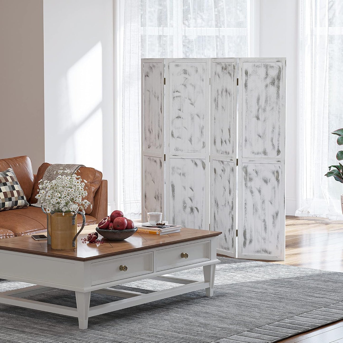 NicBex Room Divider 4 Panel Room Dividers with Whitewashed Surface Partition Room Dividers and Folding Privacy Screens 5.5 FT Wall Divider for Office, Room Separation,63.25"W x 0.75"D x 67"H, White