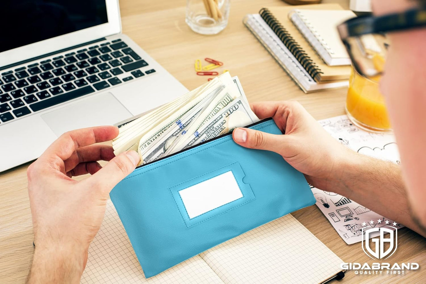 Money Bank Deposit Bag with Zipper | 11x6 inch | Light Blue | Durable Leatherette Money Cash Coin Check Wallet Pouch for Men & Women with Framed ID Window and Blank Card | by GIDABRAND (7)