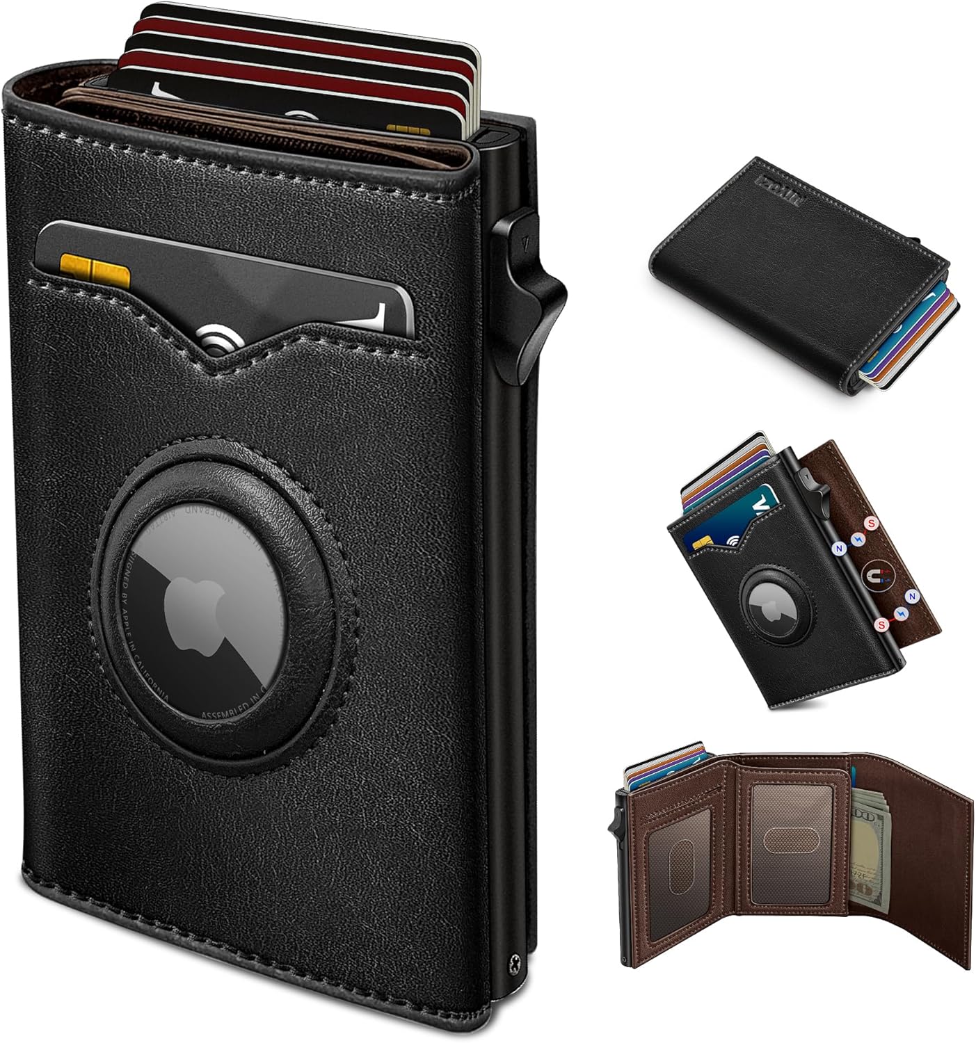 Airtag Wallet for Men,with Cash Pocket 2 ID Window 9-12 Cards,Metal Case Smart Slim Pop Up Credit Card Holder Flip with Magnetic Closure RFID Blocking Trifold wallet with Gift Box