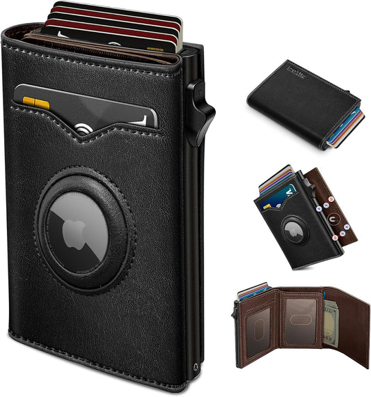Airtag Wallet for Men,with Cash Pocket 2 ID Window 9-12 Cards,Metal Case Smart Slim Pop Up Credit Card Holder Flip with Magnetic Closure RFID Blocking Trifold wallet with Gift Box